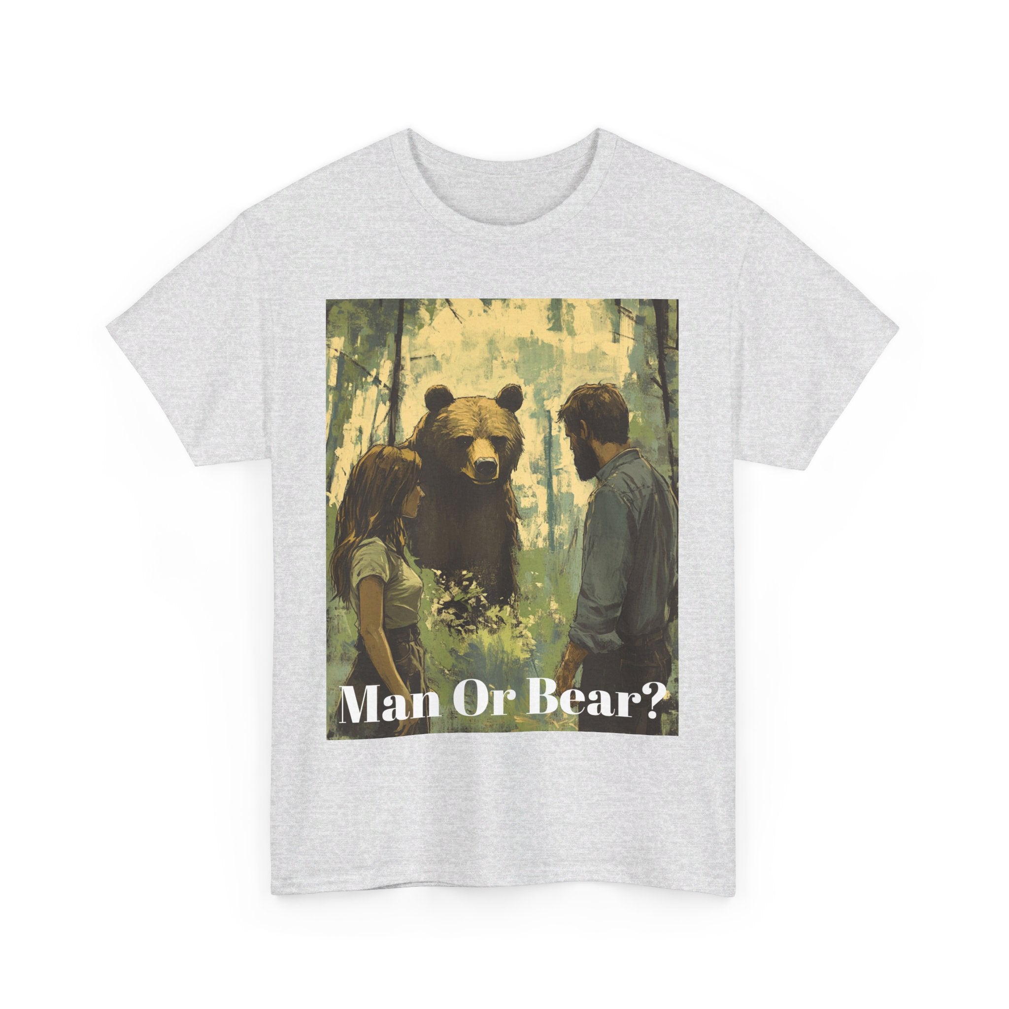 Wilderness Debate: 'Man or Bear?' Controversy Men's Heavy Cotton Tee - Embrace the Mystery