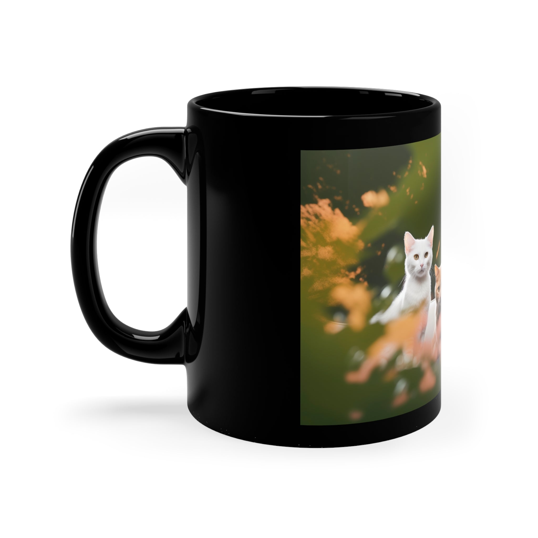 Photorealistic 11oz Black Mug Whimsical Pet Paradise  - Garden Delight with Dogs and Cats - Animal Lover's Drinkware