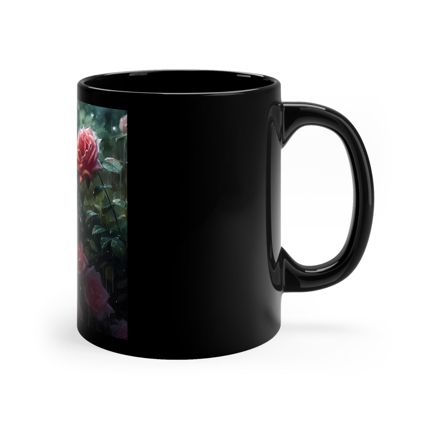 11oz Black Mug Sparrows Birds in Rose Flower Bush Ceramic "Cawfee" Floral Cup Gift Black Mug Coffee Cup Gift