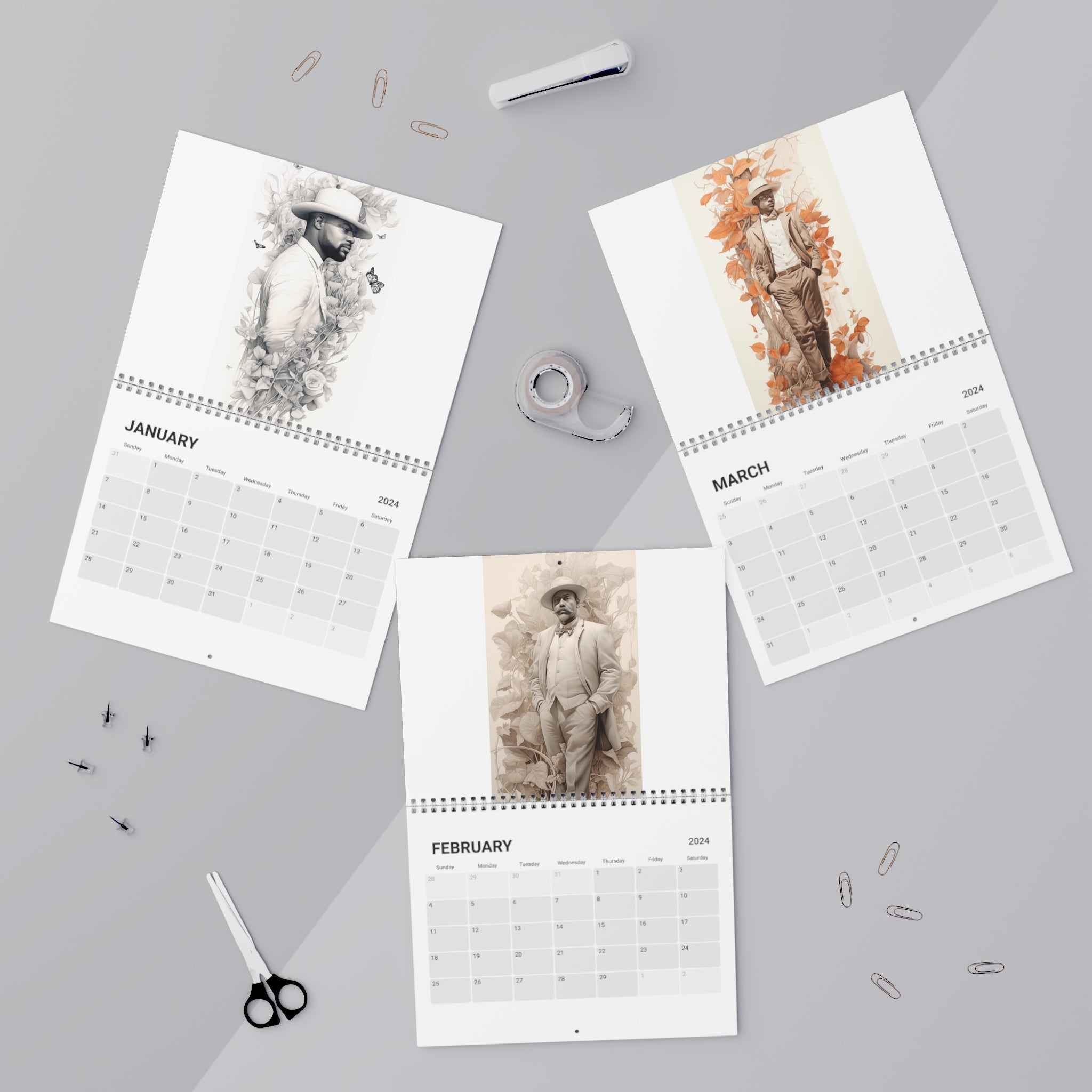 Elevate your workspace with the exclusive 2024 "Swagga Man" Calendar, the ultimate blend of functionality and art.  inted on high-quality 270gsm paper, each page boasts a semi-glossy finish that enhances the vibrant, artistic images for each month.