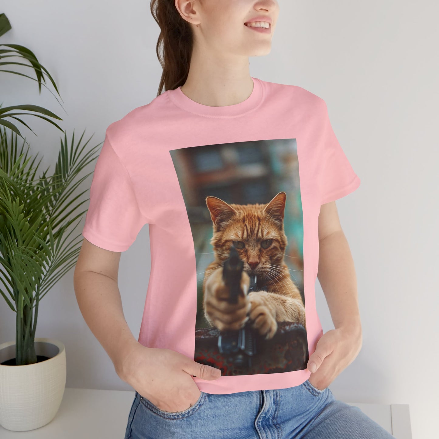 Stealth Paws: Feline Hitman Women's Jersey Short Sleeve Tee - Quirky Cat-Themed Apparel for Fashion-Forward Cat Lovers