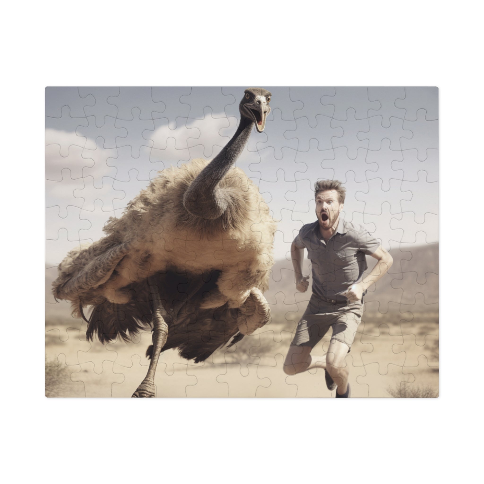 Funny Puzzle Gift Escape from Prehistoric Chicken: Man Running from Ancient Mean Big Bird Jigsaw Puzzle - Available in 30, 110, 252 Pieces for All Ages