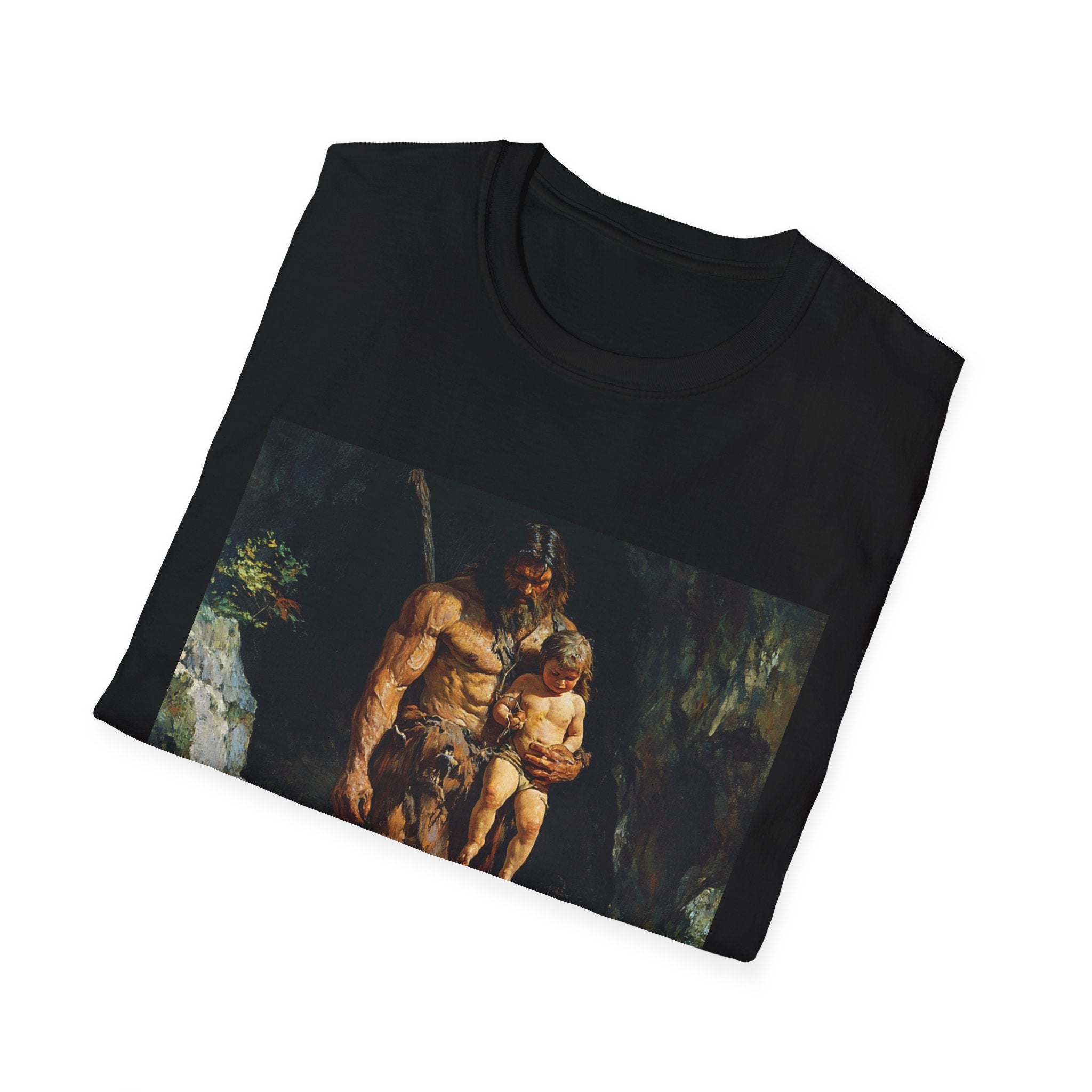 "Prehistoric Parenting: Caveman Caring Father Unisex Softstyle T-Shirt - A Nod to Timeless Fatherhood