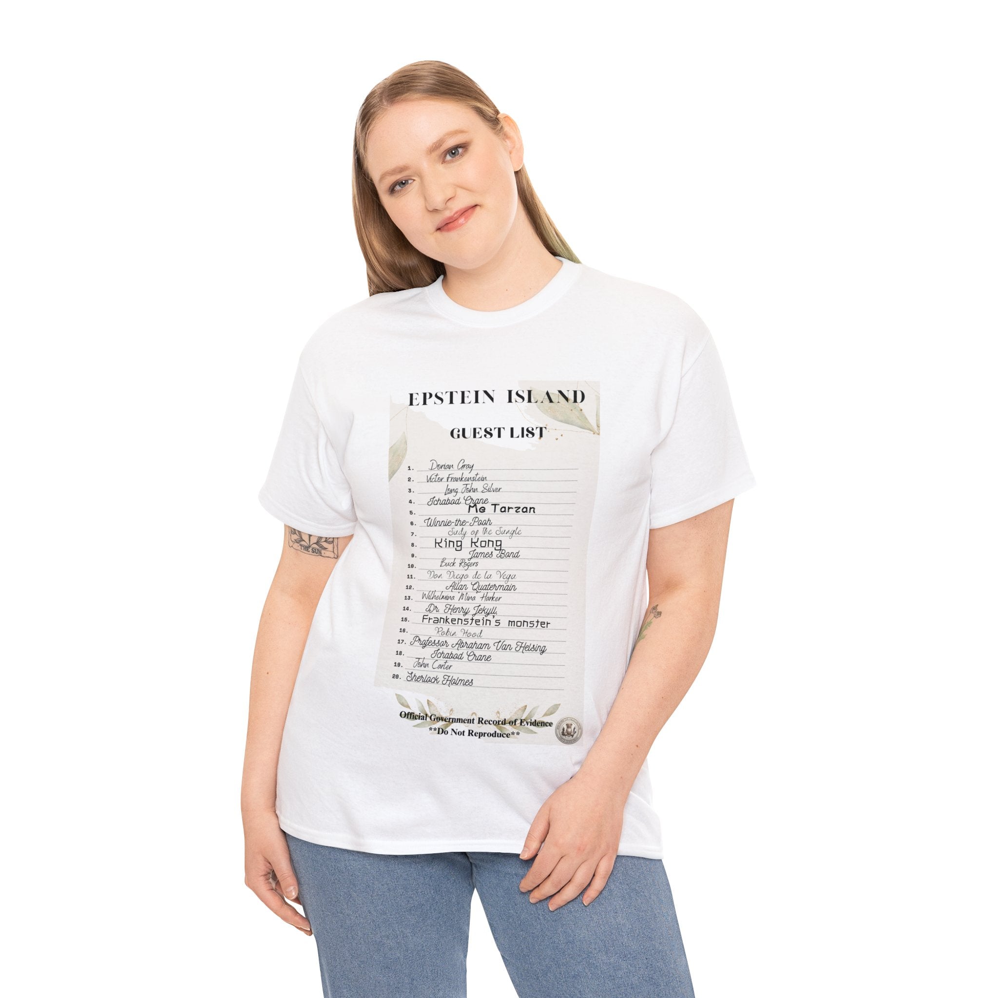 Women's Shirt Top Creepy Island Baron Guest List" Funny Parody Unisex Heavy Cotton Tee Funny T-Shirt of E-Island Guest List Funny Shirt for Him for Funny Events