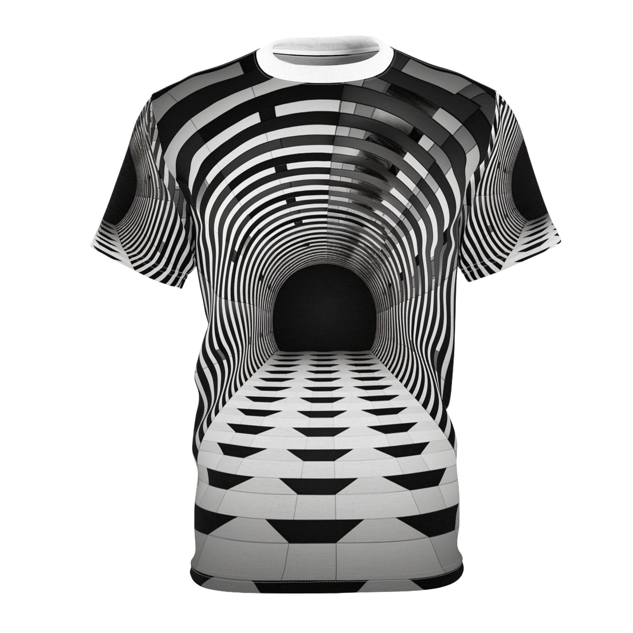 🌀 'Social Paradox' Unisex Tee: Engaging 3D Tunnel Illusion - Striking AOP Design for Social Ice-Breakers & Unique Fashion Statement 🌌✨ Conversation Starter