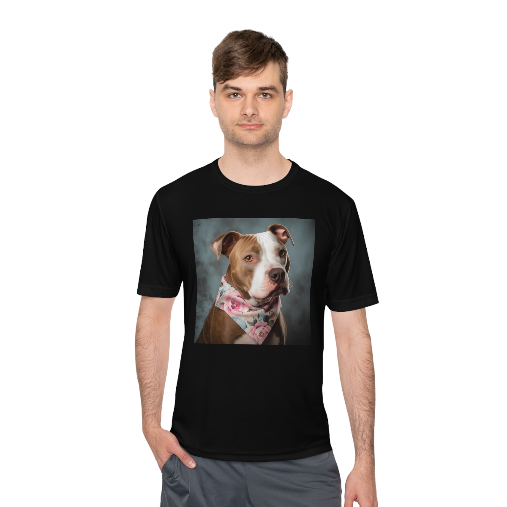 Perfect for Dog Lovers! Pitbull Puppy wearing a Cute Flower Scarf Unisex Moisture Wicking Tee - This is a Perfect Dog Park T-shirt for Pet Lover. Stay Stylish and Comfortable with This Charming Dog-Lover's Shirt