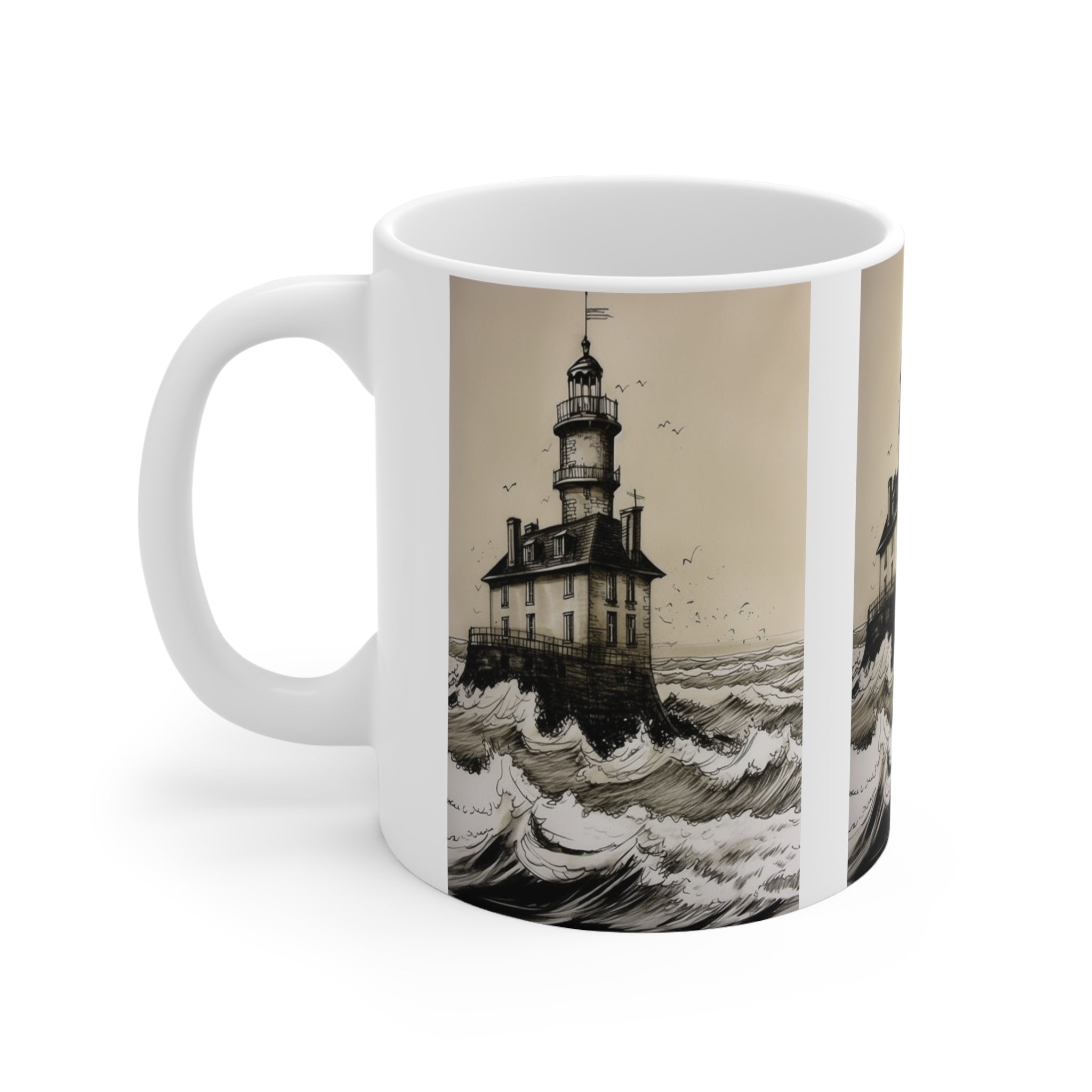 Combo "Lighthouse Against the White Surf of Waves" Ceramic Mug 11oz and Gratitude Journal - Coastal Charm & Nautical Elegance for Coffee Lovers Gift for Teachers Gift for Employees or Boss