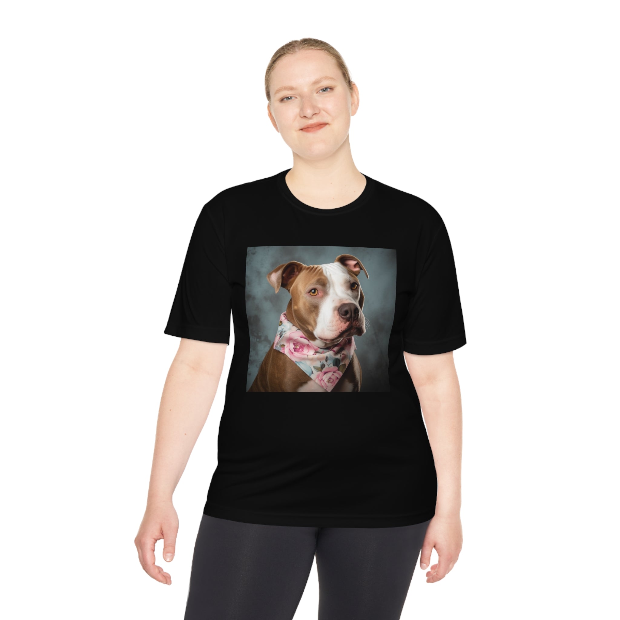 Perfect for Dog Lovers! Pitbull Puppy wearing a Cute Flower Scarf Unisex Moisture Wicking Tee - This is a Perfect Dog Park T-shirt for Pet Lover. Stay Stylish and Comfortable with This Charming Dog-Lover's Shirt