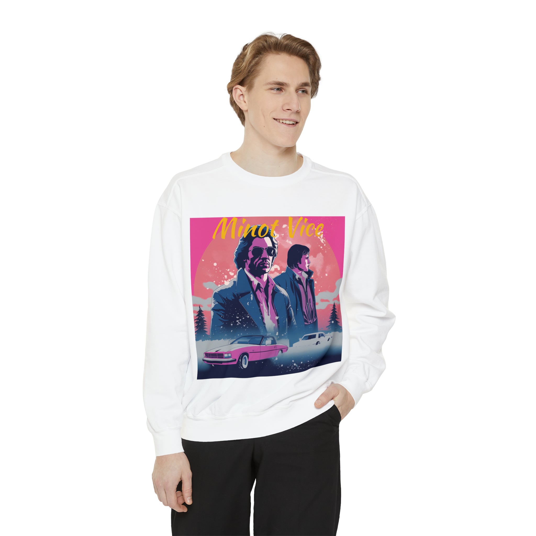 Unisex Garment-Dyed Sweatshirt-"Minot Vice" Cool Winter Art Wear For Family and Friends Professional Interpretation Parody