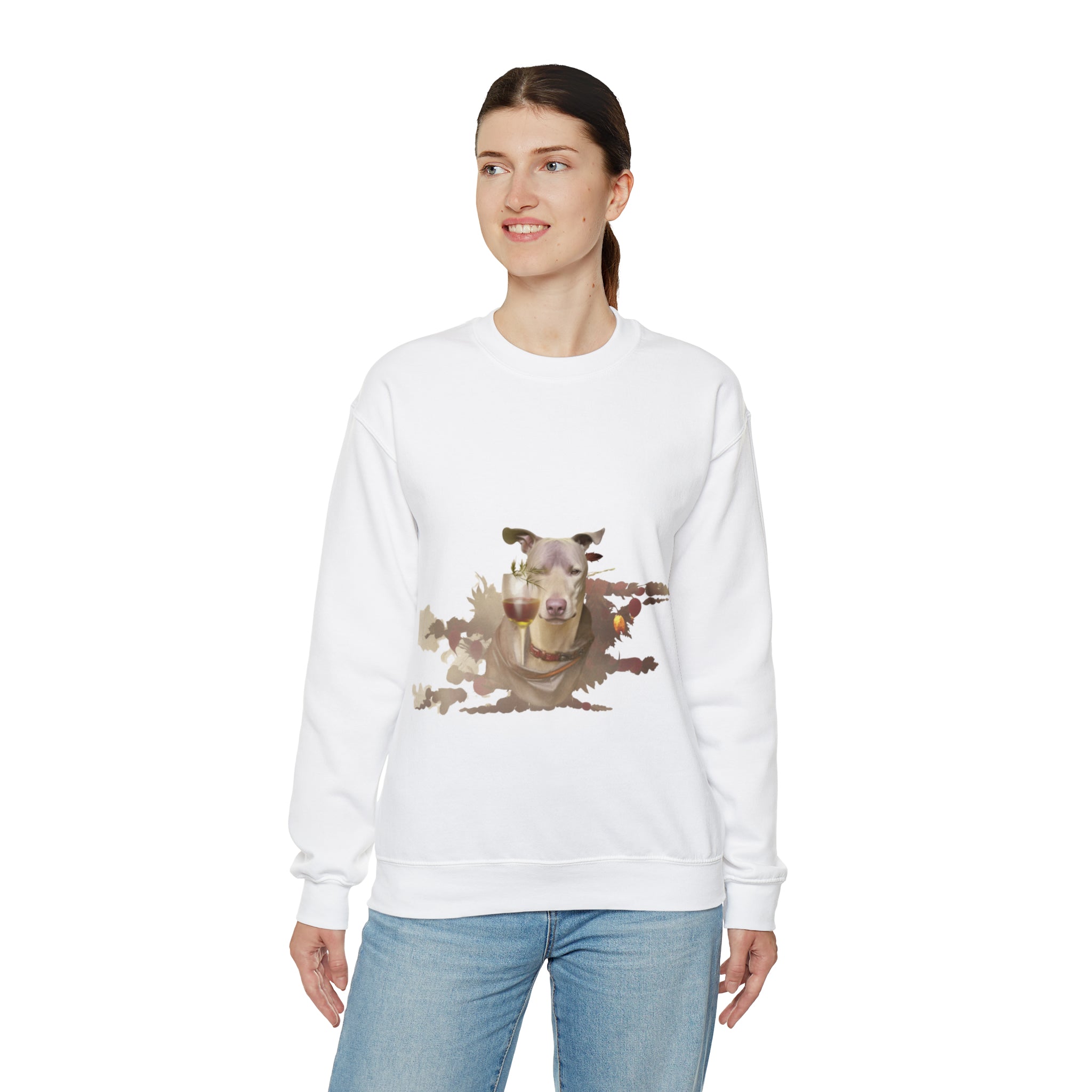 Women's Heavy Blend™ Crewneck Sweatshirt- "Pitbull and Wine" for Dog Lovers Pet Owners (Professional Art)