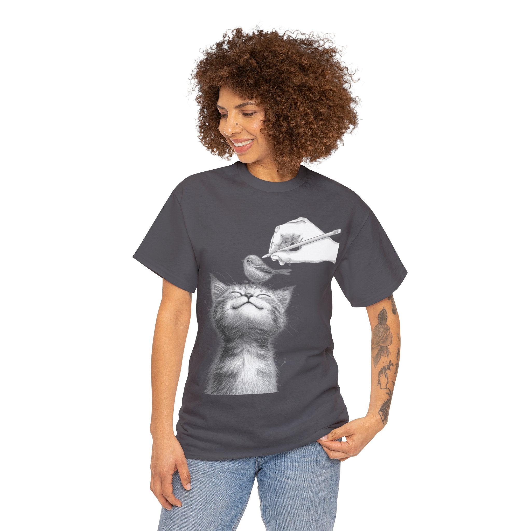 Cute Top for Artist Gift Women's Discover Artistic Elegance: Sketch Hand Drawing Bird and Cat Friendship Unisex Heavy Cotton Tee - Unique Design for Art Enthusiasts