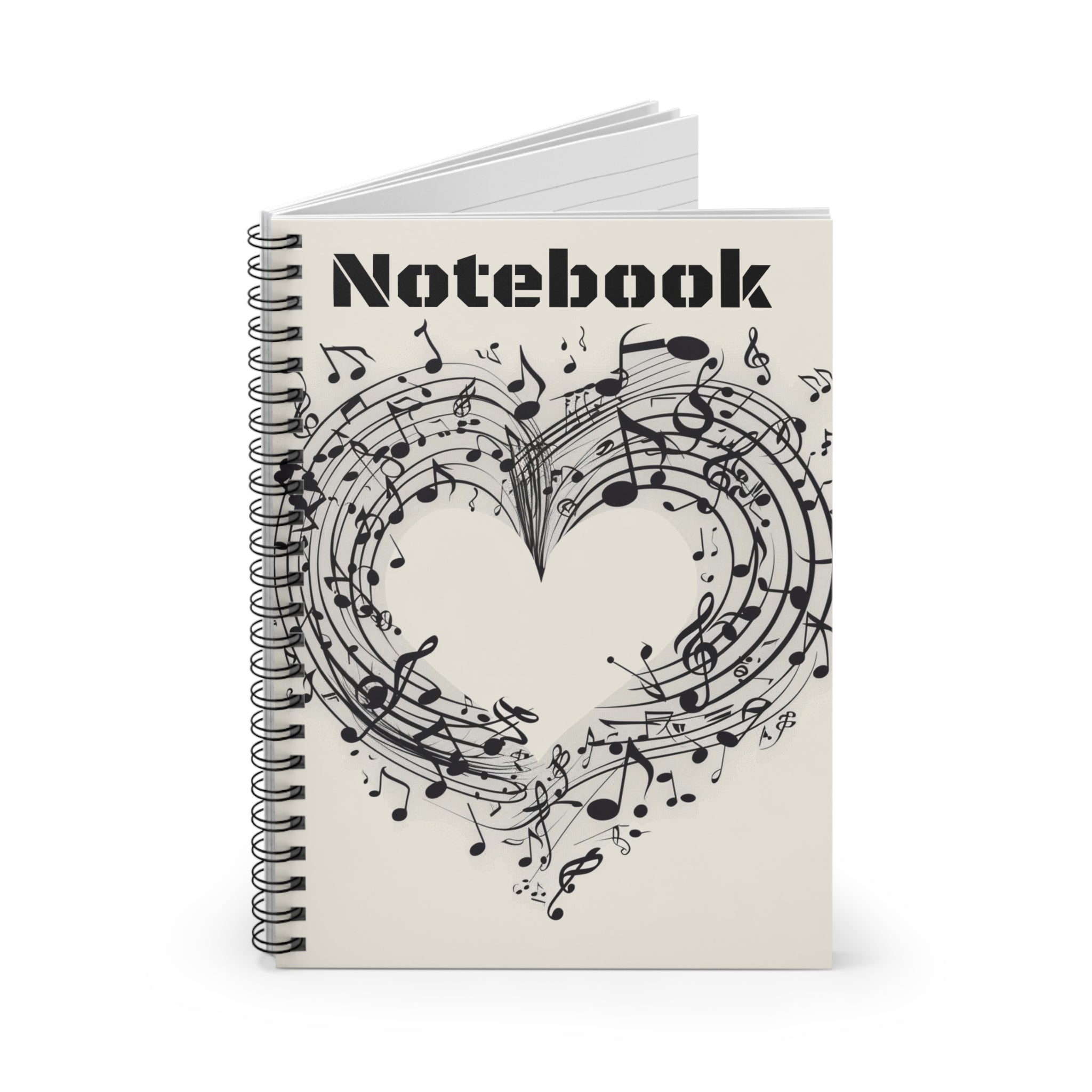 The image features a spiral notebook with a clean, minimalist cover design that showcases a heart made of musical notes. The ruled lines and high-quality paper are also highlighted, making it ideal for writing and note-taking.