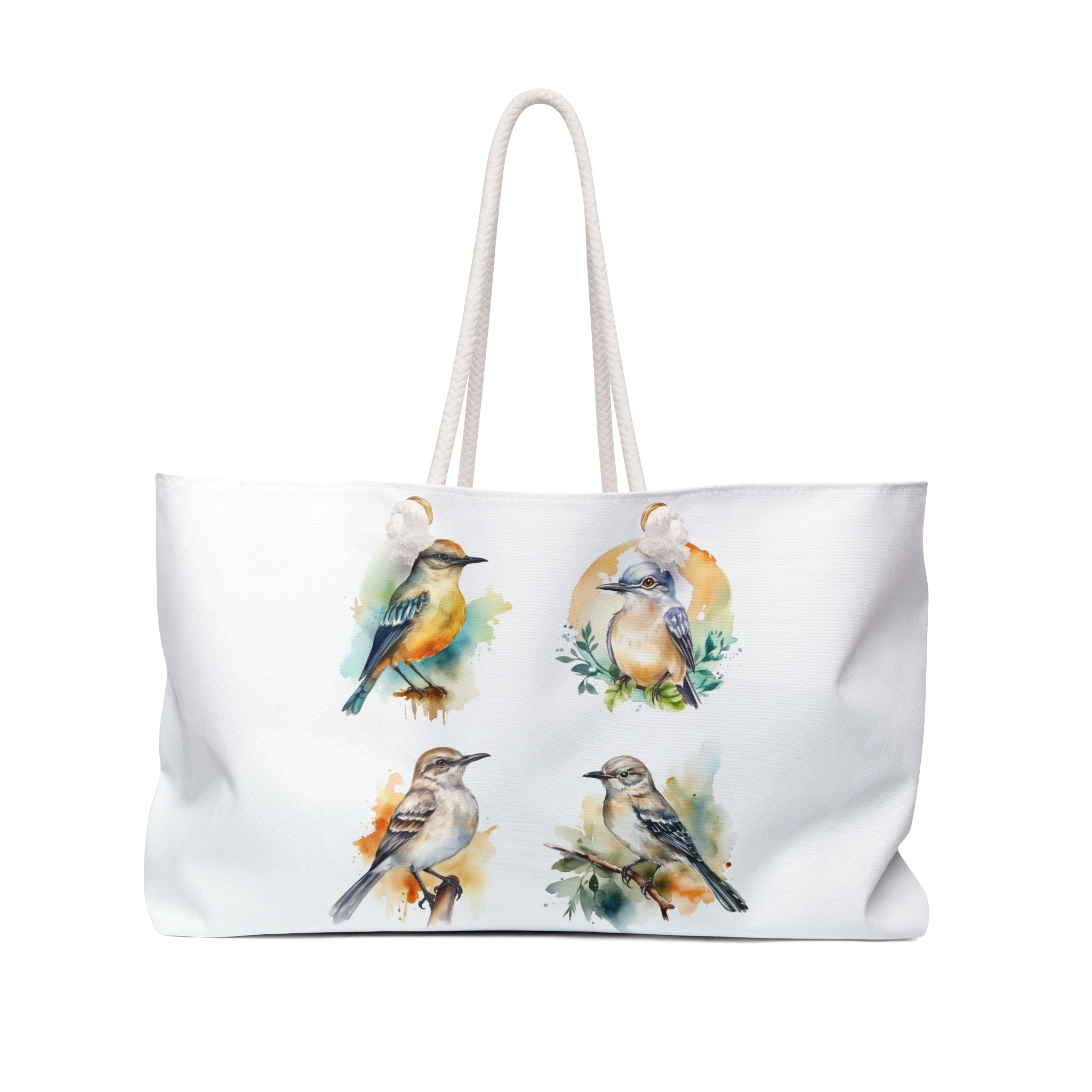 Oversized Weekender Tote Bag with Watercolor Bird Illustration, Perfect for Beach or Town, Durable with Thick Rope Handles