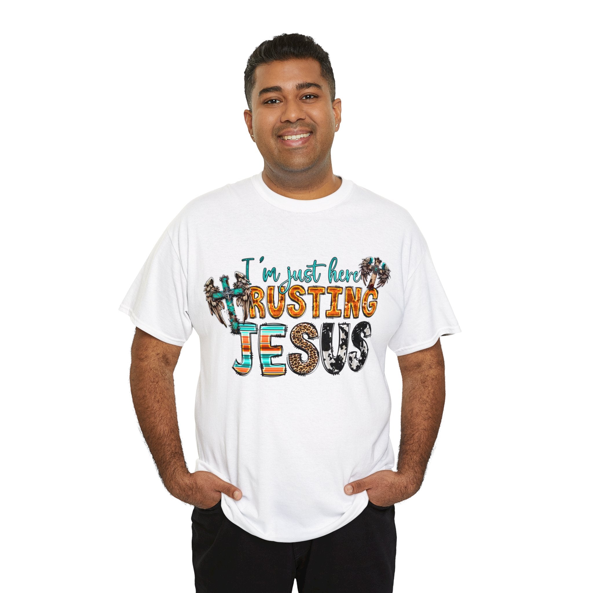 Embrace Faith and Spread Positivity with Our 'I'm Just Here Trusting Jesus' Unisex Heavy Cotton Tee: Wear Your Belief Proudly