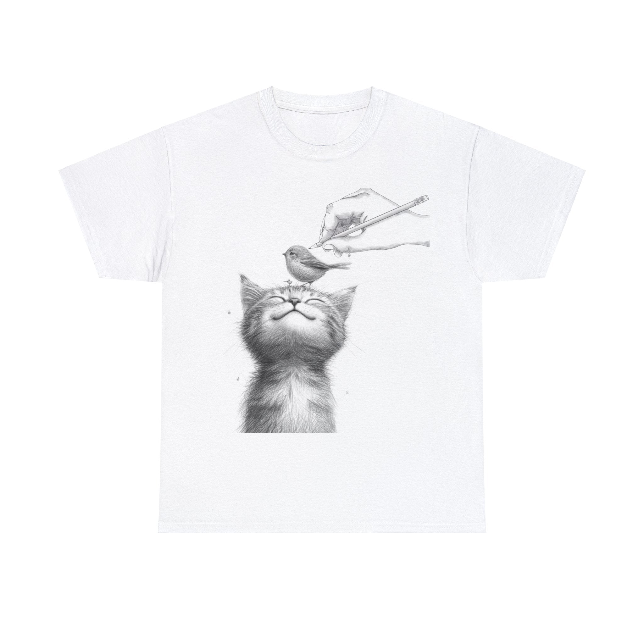 Cute Top for Artist Gift Women's Discover Artistic Elegance: Sketch Hand Drawing Bird and Cat Friendship Unisex Heavy Cotton Tee - Unique Design for Art Enthusiasts