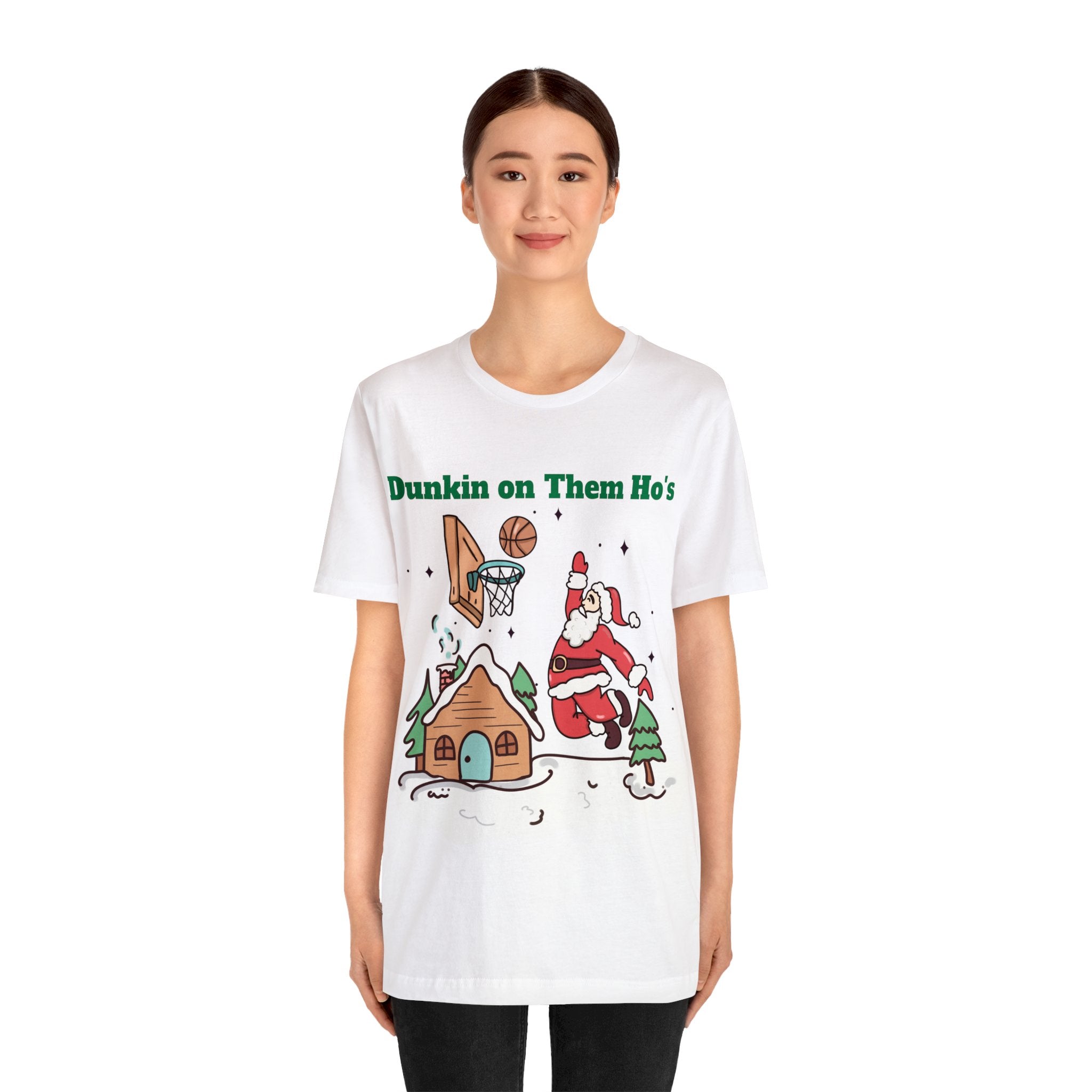 Unisex Jersey Short Sleeve Tee-' "Dunkin on Them Ho's..." Holiday Wear with Humorous Santa Art Perfect Gift for Athletes.