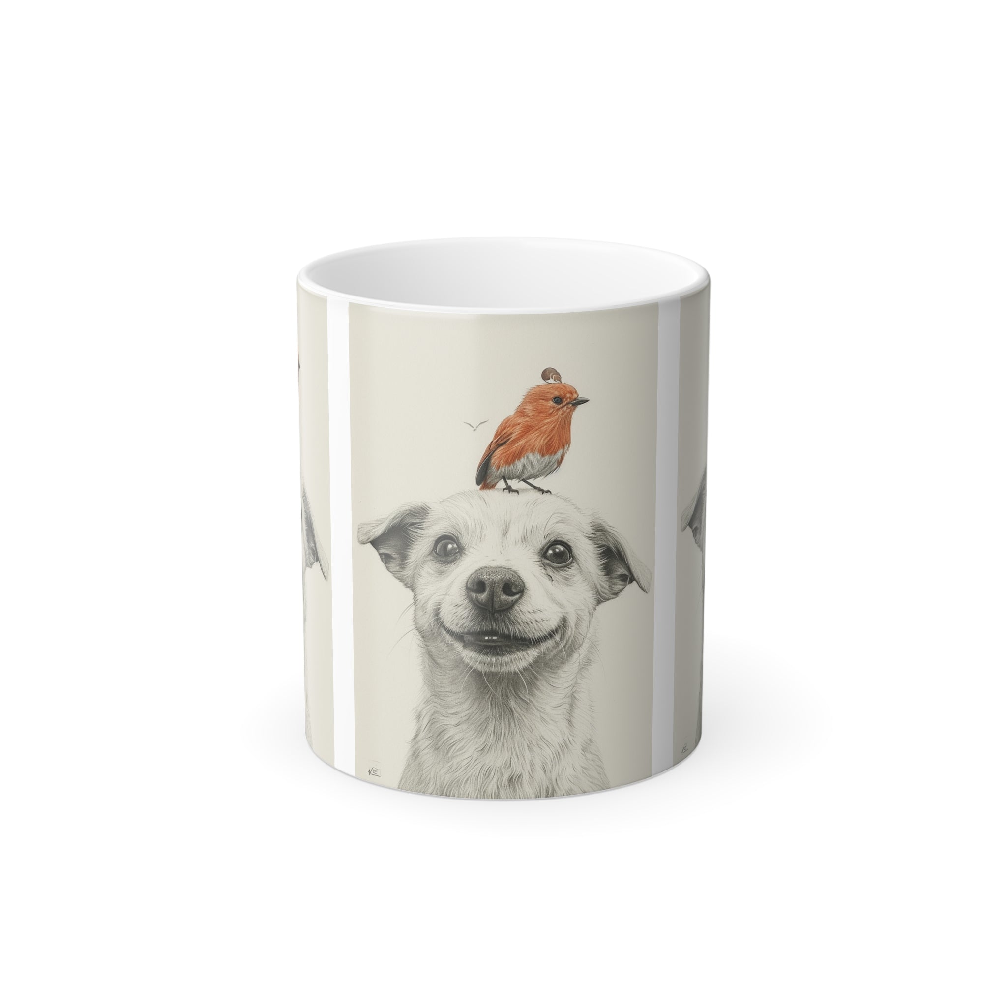 Red Sparrow and Friend Dog Color Morphing Mug - 11oz | Magic Heat-Changing Ceramic Cup for Dog Lovers | Unique Color-Shift Coffee Mug