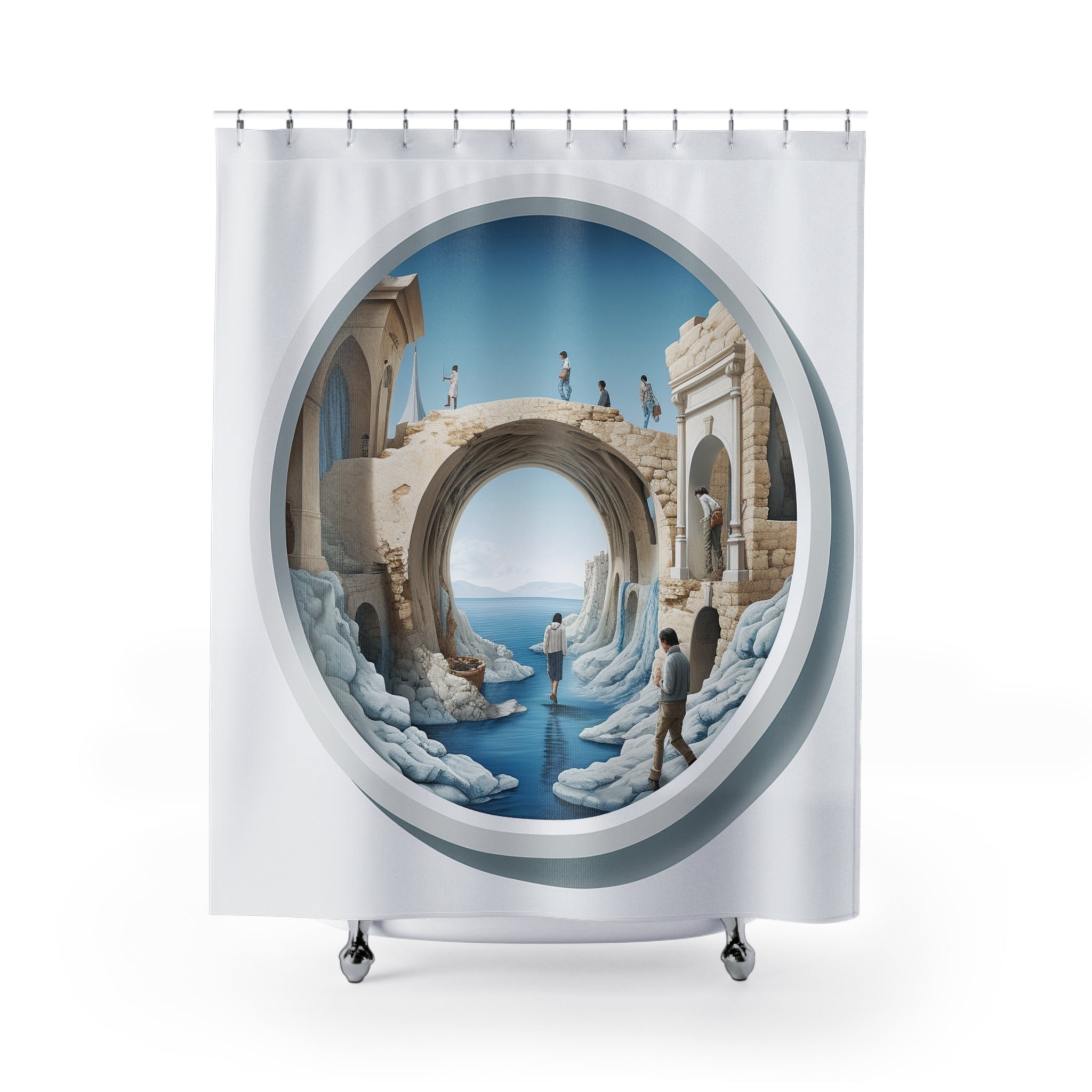 Cloud Portal Bathroom Decor🚪 Sublime Urban Illusion Portal: Hyper-Realistic Optical Illusion Tapestry & Shower Curtain - Brown Building Interior Gateway Design for Contemporary Home Décor 🏢🛁