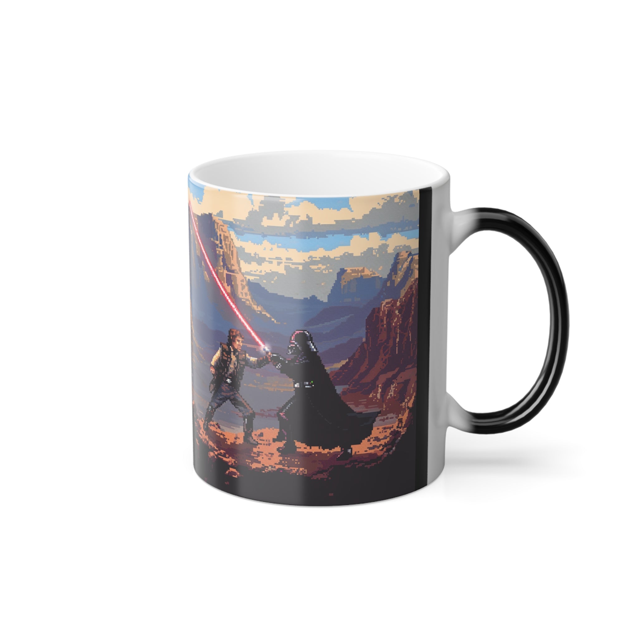 The image captures the mesmerizing transformation of the color morphing mug, starting as a sleek, mysterious black mug. As it heats up, it reveals a vivid, detailed 16-bit scene featuring Han in a daring battle against the Dark Lord, showcasing the dynamic change and the thrilling world encapsulated in this unique drinkware.