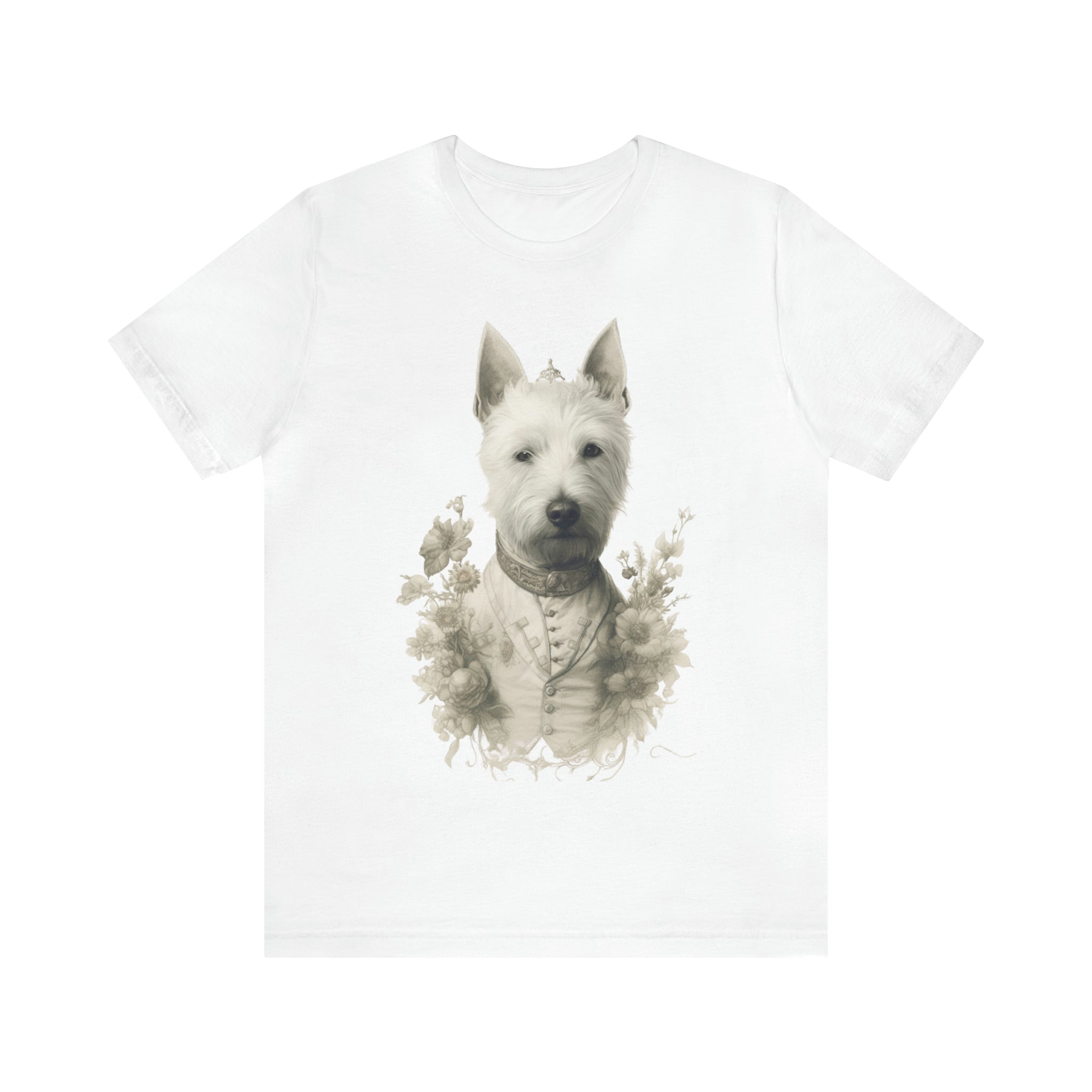 Unisex Jersey Short Sleeve Tee-"Distinguished Dog" Tee - Pencil Drawn Art, Floral Accents - Ideal Gift for Dog and Art Lovers