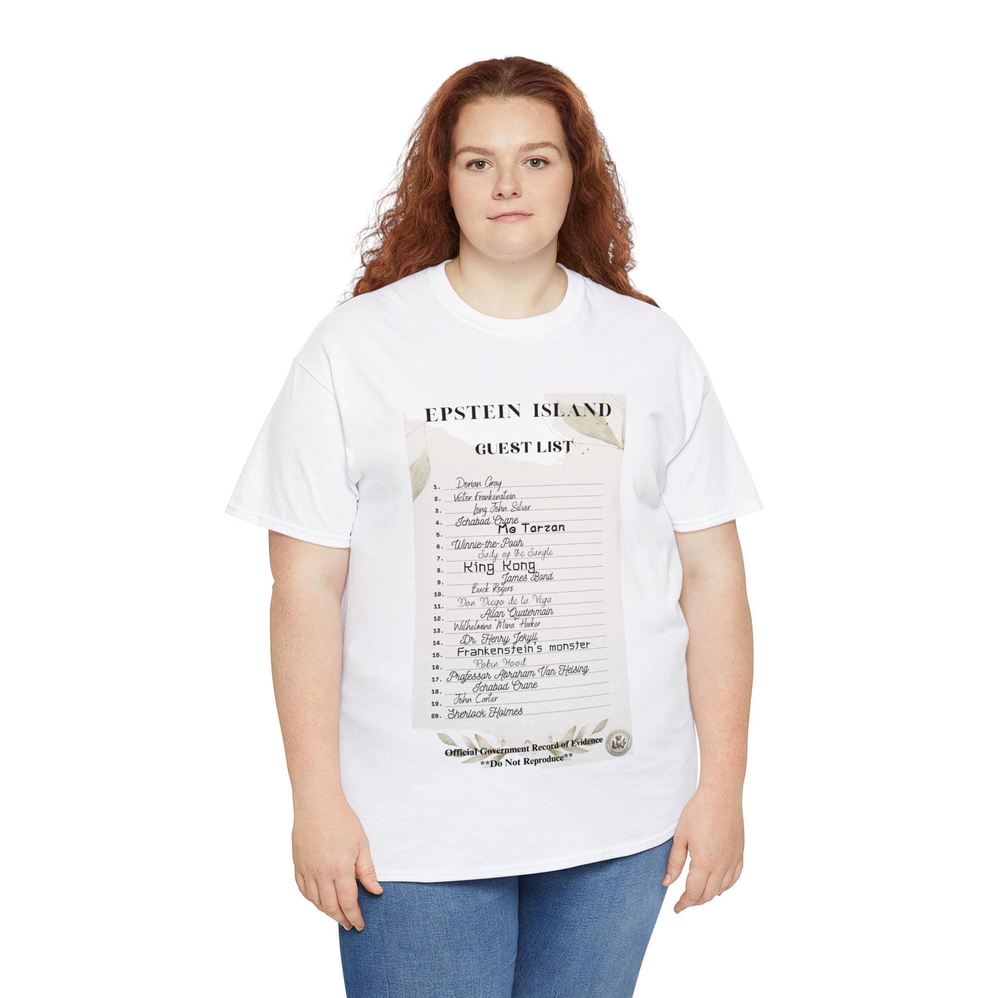 Women's Shirt Top Creepy Island Baron Guest List" Funny Parody Unisex Heavy Cotton Tee Funny T-Shirt of E-Island Guest List Funny Shirt for Him for Funny Events