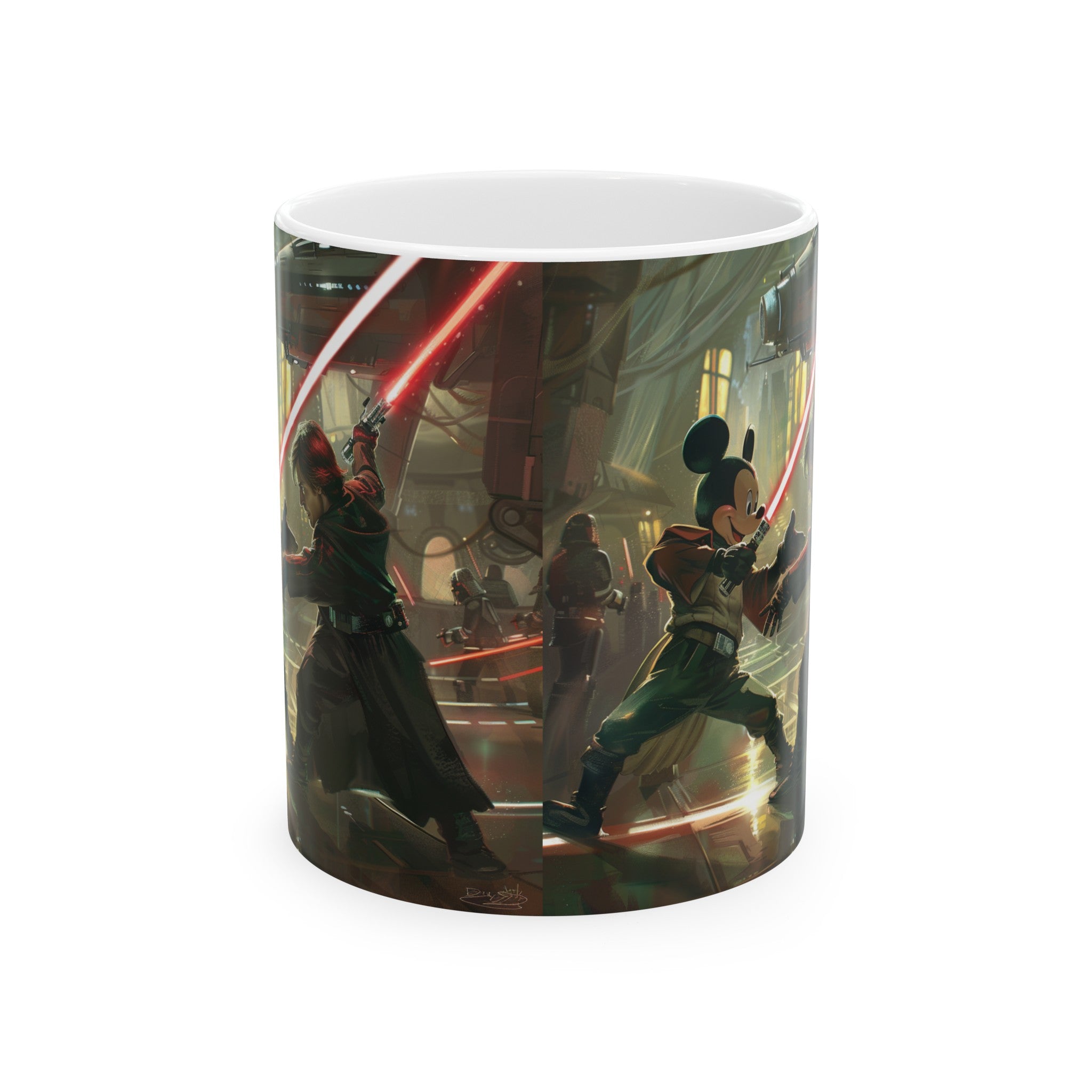 The image showcases a beautifully crafted ceramic mug, available in both 11oz and 15oz sizes. The mug is adorned with a colorful, detailed illustration of a fantasy kingdom in battle, featuring knights, dragons, and castles under siege, designed to captivate and inspire with every use.