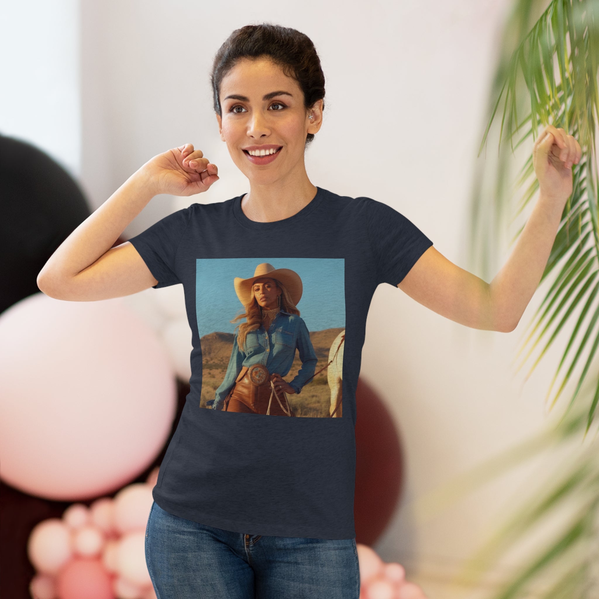 This image features a stylish women's tri-blend tee with a unique design inspired by Beyoncé’s influence on country music. The tee showcases a soft, comfortable fabric in a flattering fit, adorned with artwork that celebrates the crossover charm of country and pop music by the beloved music icon.