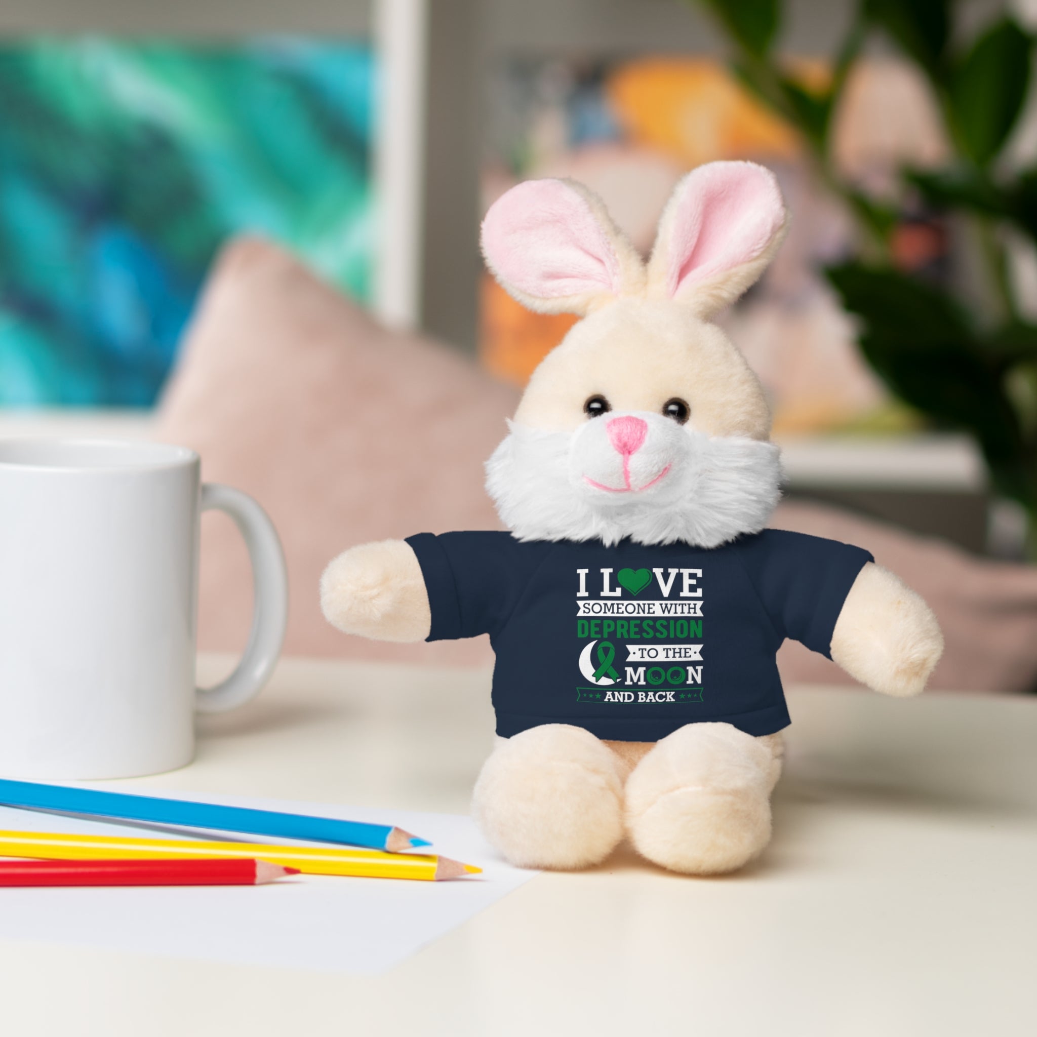 Show Your Love and Support with 'I Love Someone with Depression' Stuffed Animals - Furry Friend Wears Heartfelt Message Tee