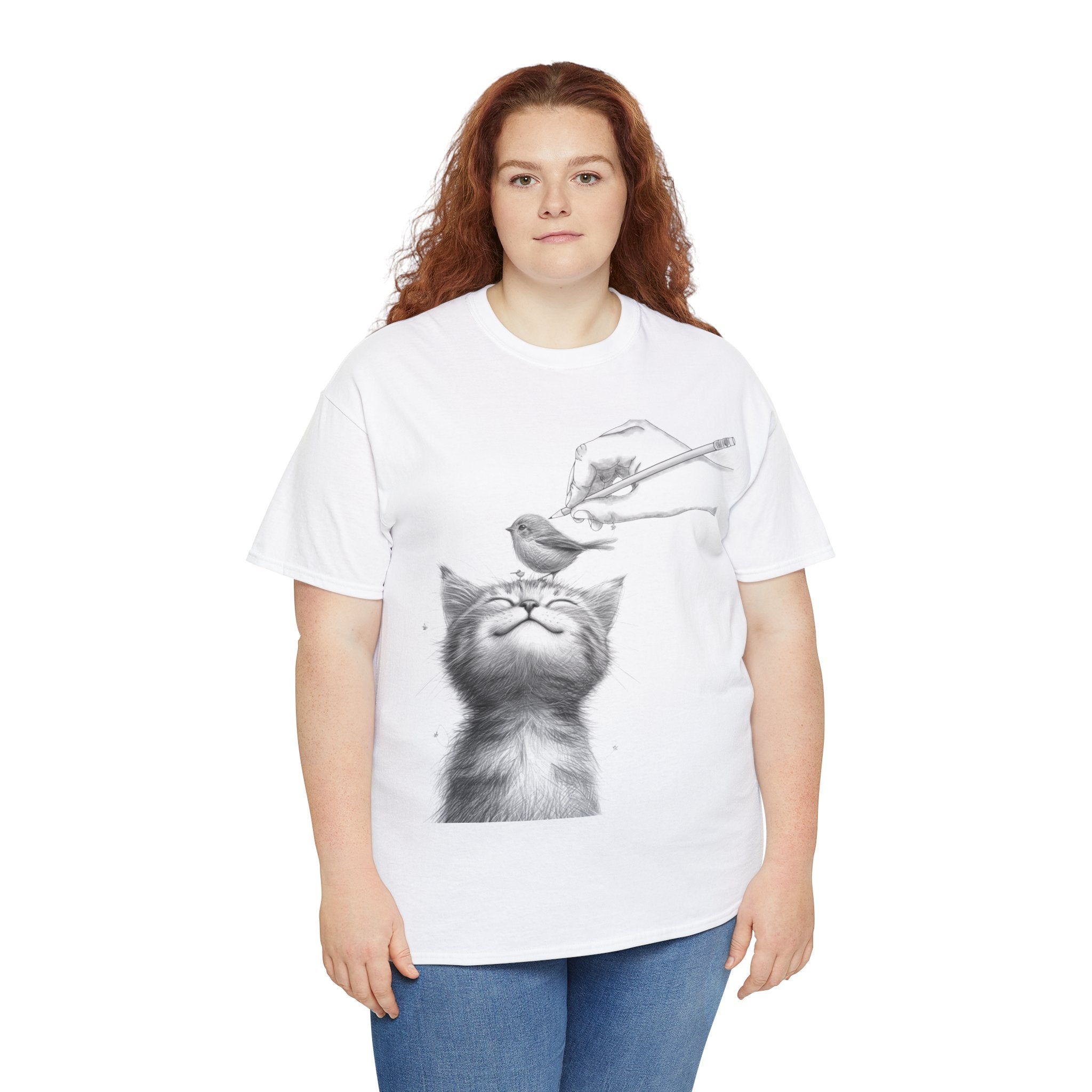 Cute Top for Artist Gift Women's Discover Artistic Elegance: Sketch Hand Drawing Bird and Cat Friendship Unisex Heavy Cotton Tee - Unique Design for Art Enthusiasts