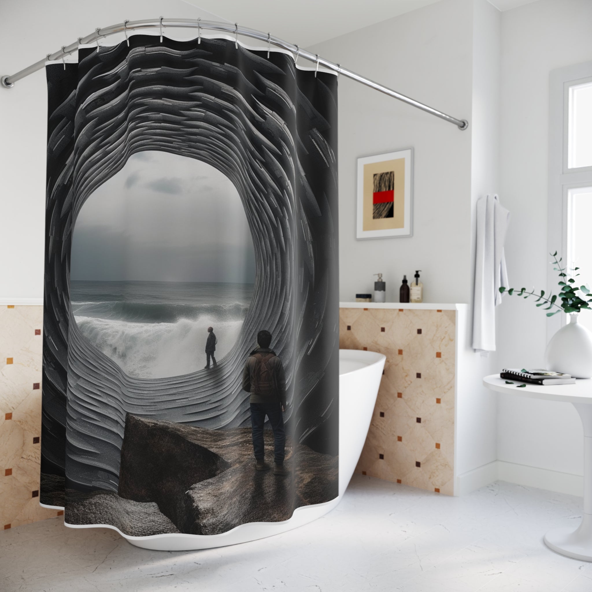 Polyester Shower 🏛️ Enigmatic Architectural Gateway: Ultra-Realistic Beach Portal Optical Illusion - Elegant Polyester Shower Curtain for Modern Bathrooms, Artistic Home Decor 🚿✨Curtain