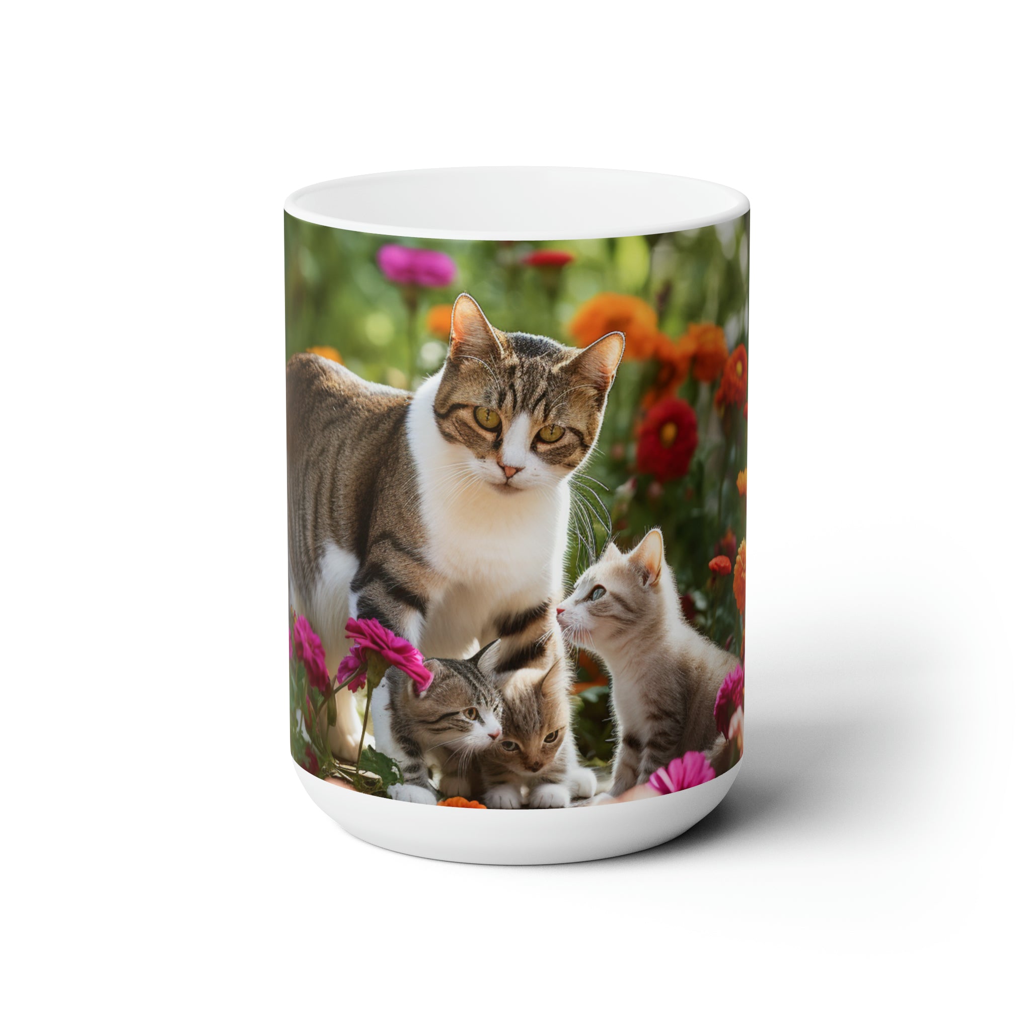 Whimsical Pet-Inspired Exquisite Garden Cat Feline Party Ceramic Mug 15oz - Drinkware for Cat Lovers, Trendy Home Decor, and Coffee Moments