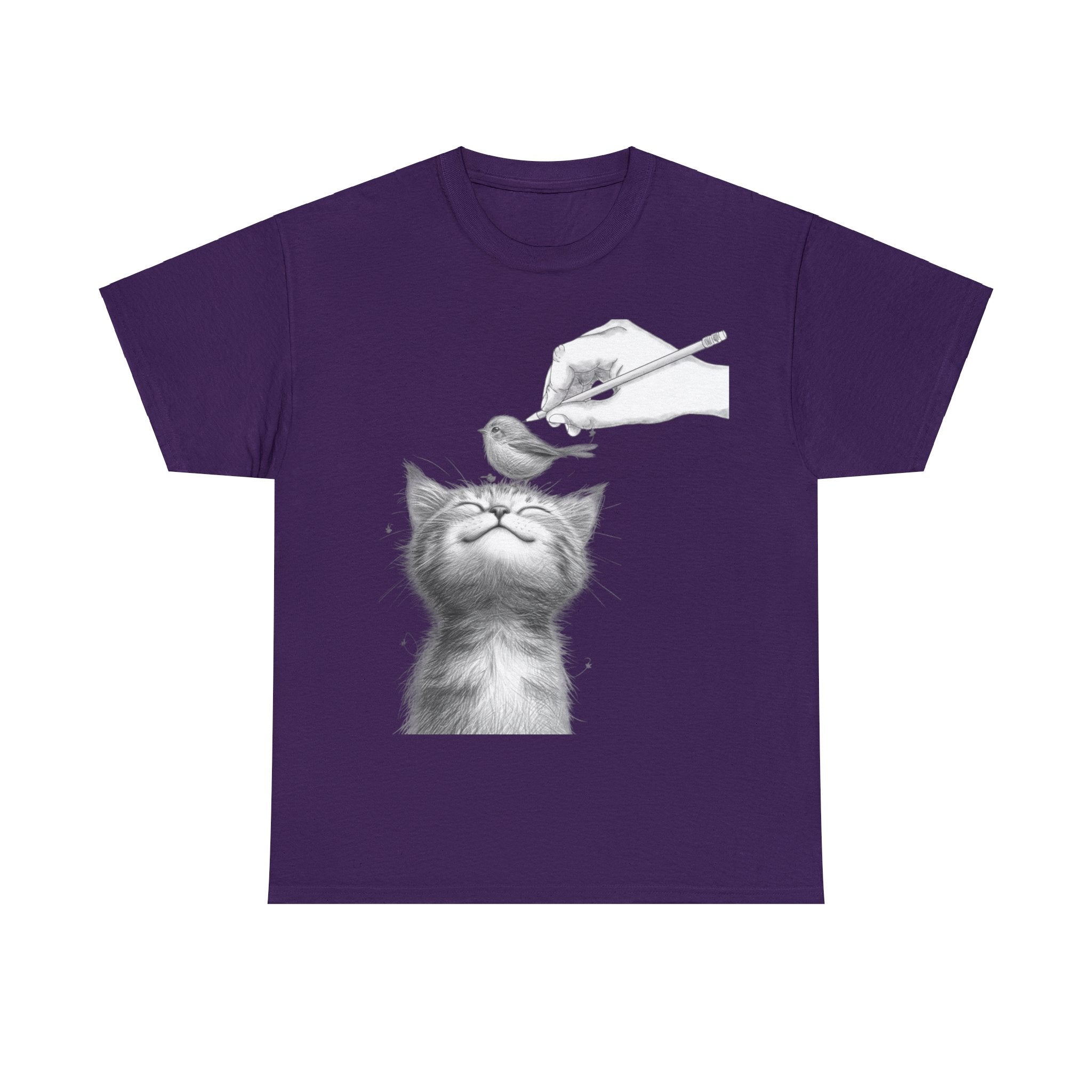 Cute Top for Artist Gift Women's Discover Artistic Elegance: Sketch Hand Drawing Bird and Cat Friendship Unisex Heavy Cotton Tee - Unique Design for Art Enthusiasts