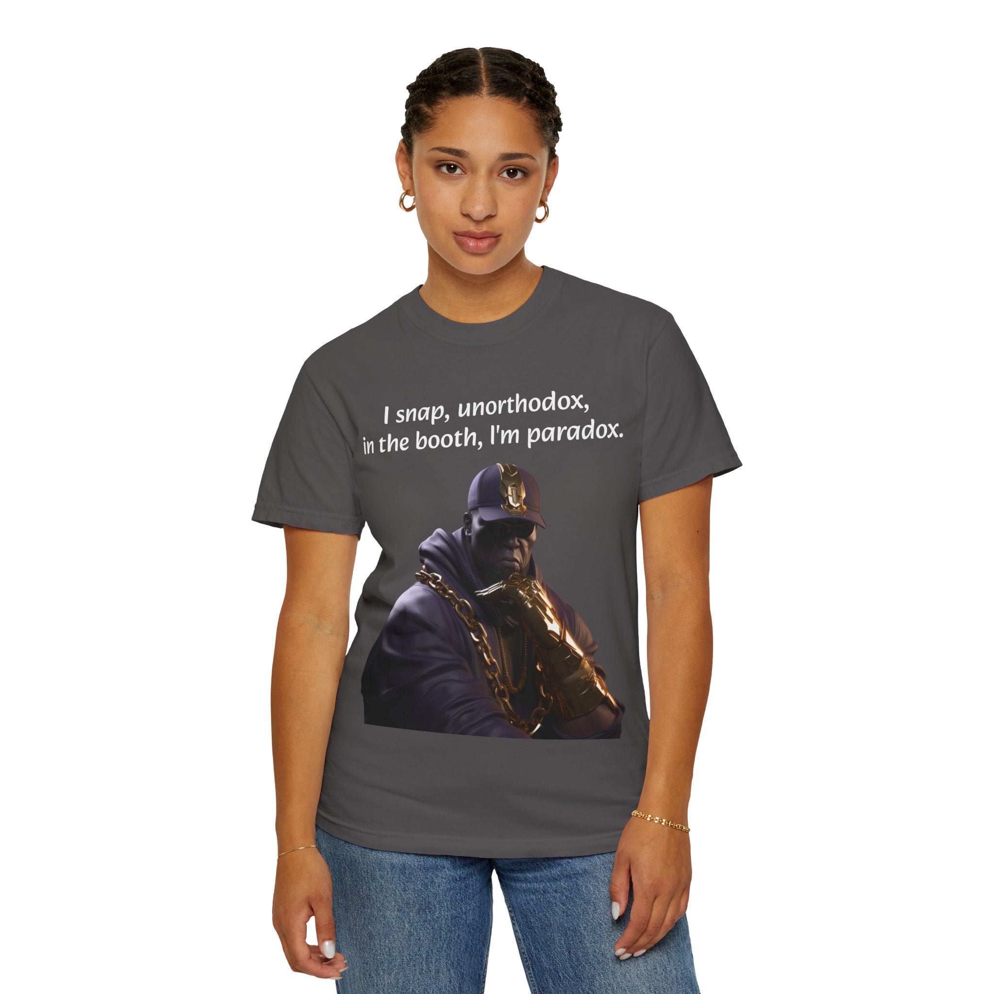 Lyrically Mad Titan T-Shirt: 'I Snap, Unorthodox, in the Booth, I'm Paradox' - Cosmic Warlord Inspired Hip Hop Unisex Garment-Dyed Tee for Urban Wear Enthusiasts