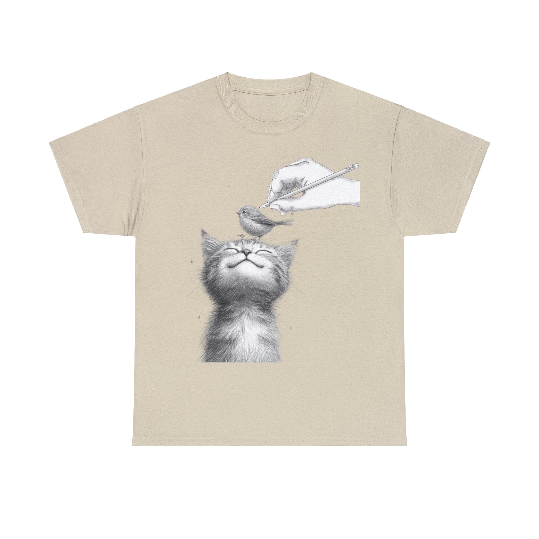 Cute Top for Artist Gift Women's Discover Artistic Elegance: Sketch Hand Drawing Bird and Cat Friendship Unisex Heavy Cotton Tee - Unique Design for Art Enthusiasts