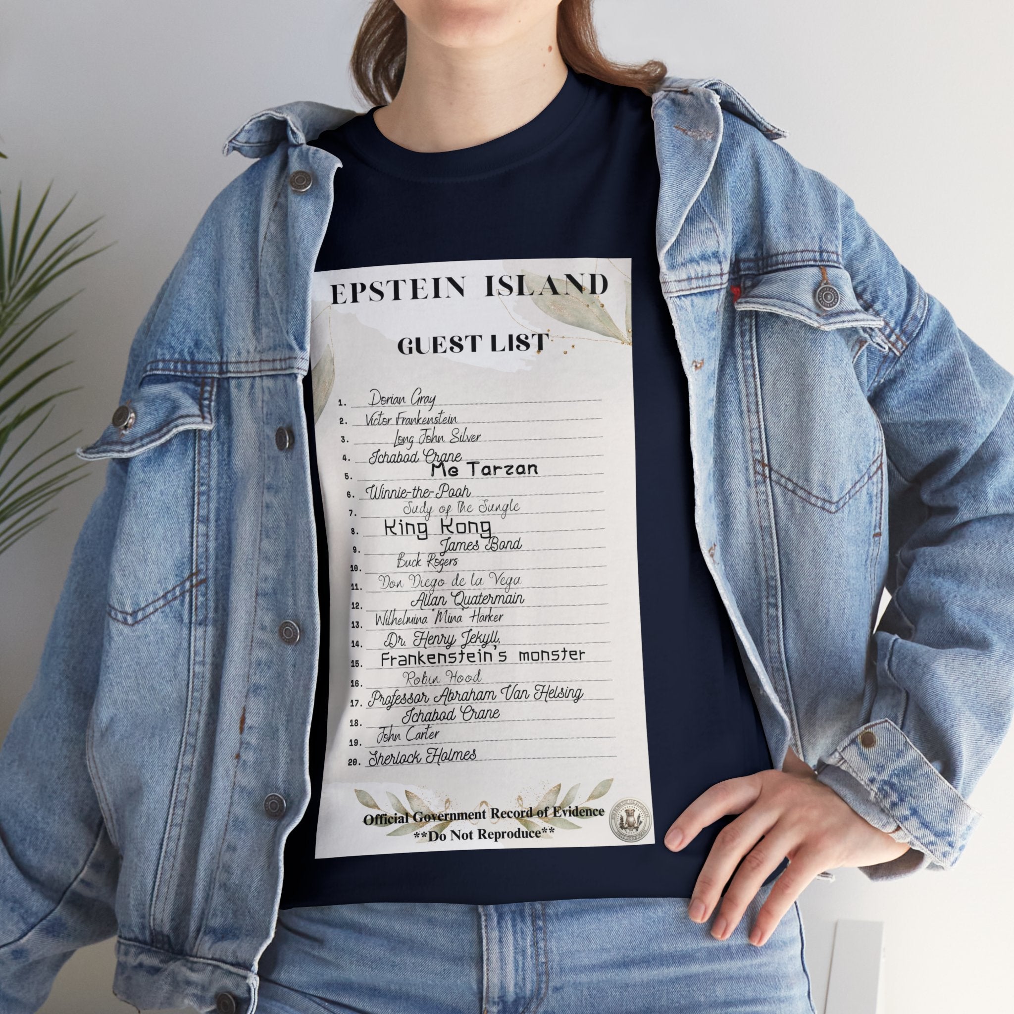 Women's Shirt Top Creepy Island Baron Guest List" Funny Parody Unisex Heavy Cotton Tee Funny T-Shirt of E-Island Guest List Funny Shirt for Him for Funny Events