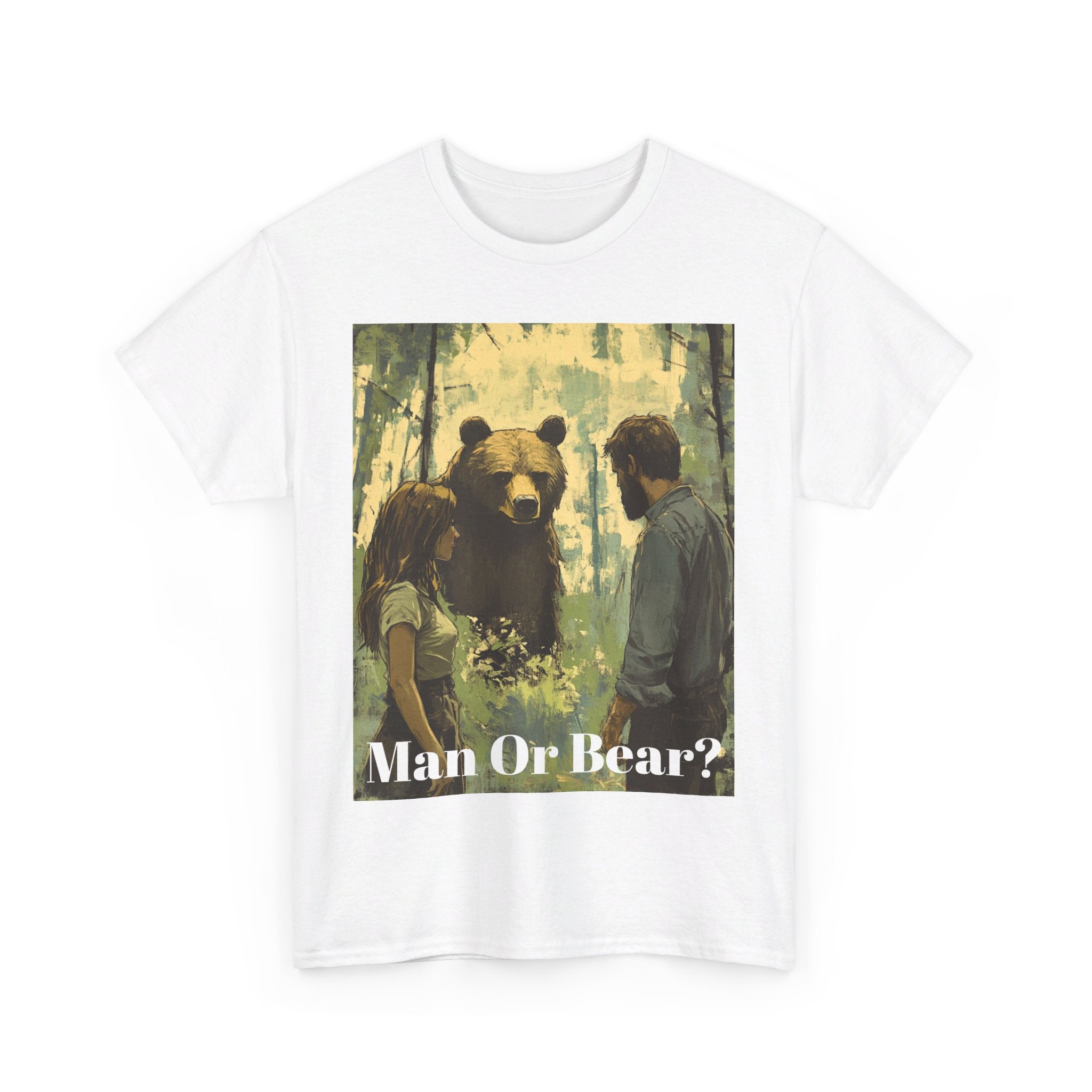 Wilderness Debate: 'Man or Bear?' Controversy Men's Heavy Cotton Tee - Embrace the Mystery