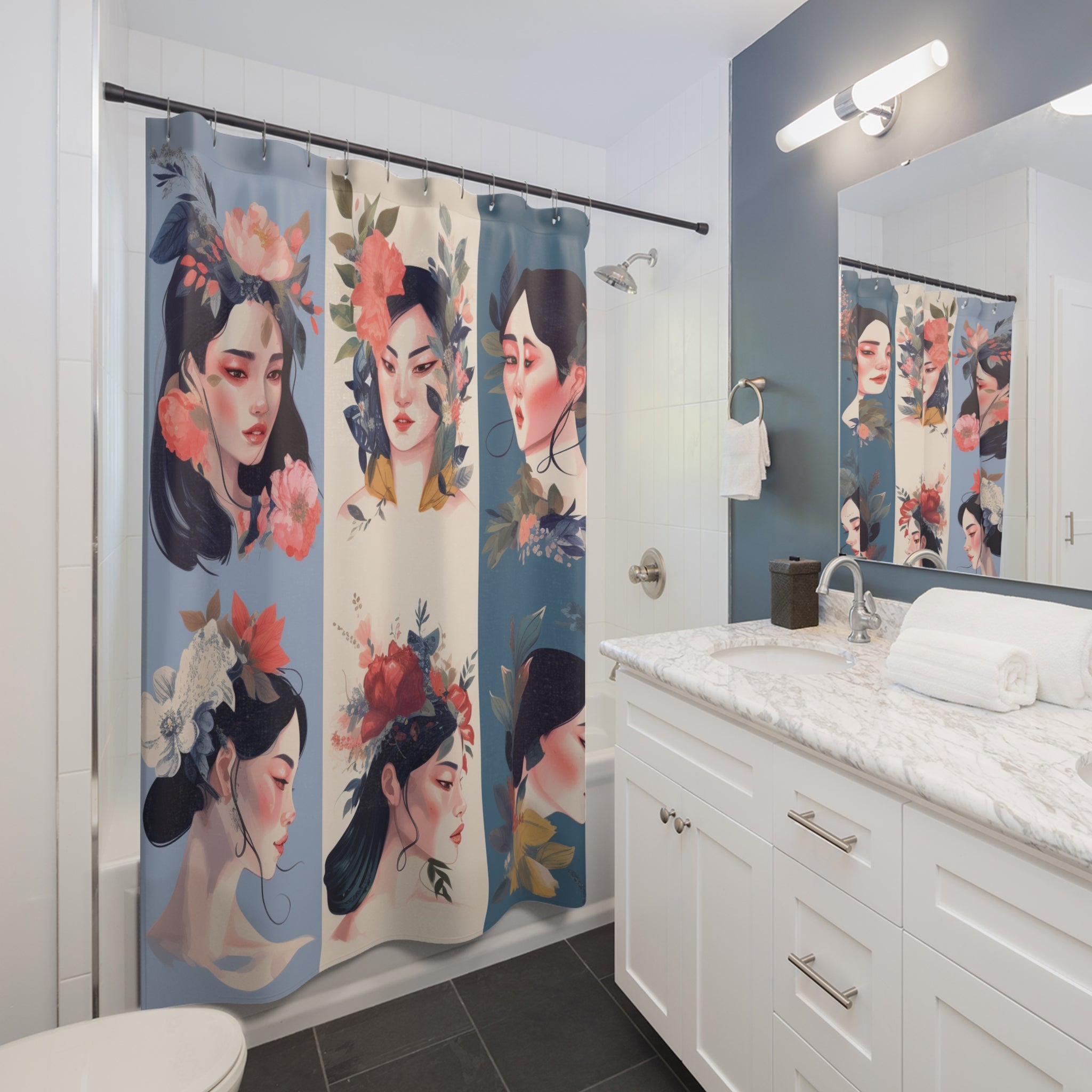 Asian Princess Collage Shower Curtain | Elegant and Cultural Bathroom Decor Housewarming Gift for New Home Owner Decor for New Homeowners