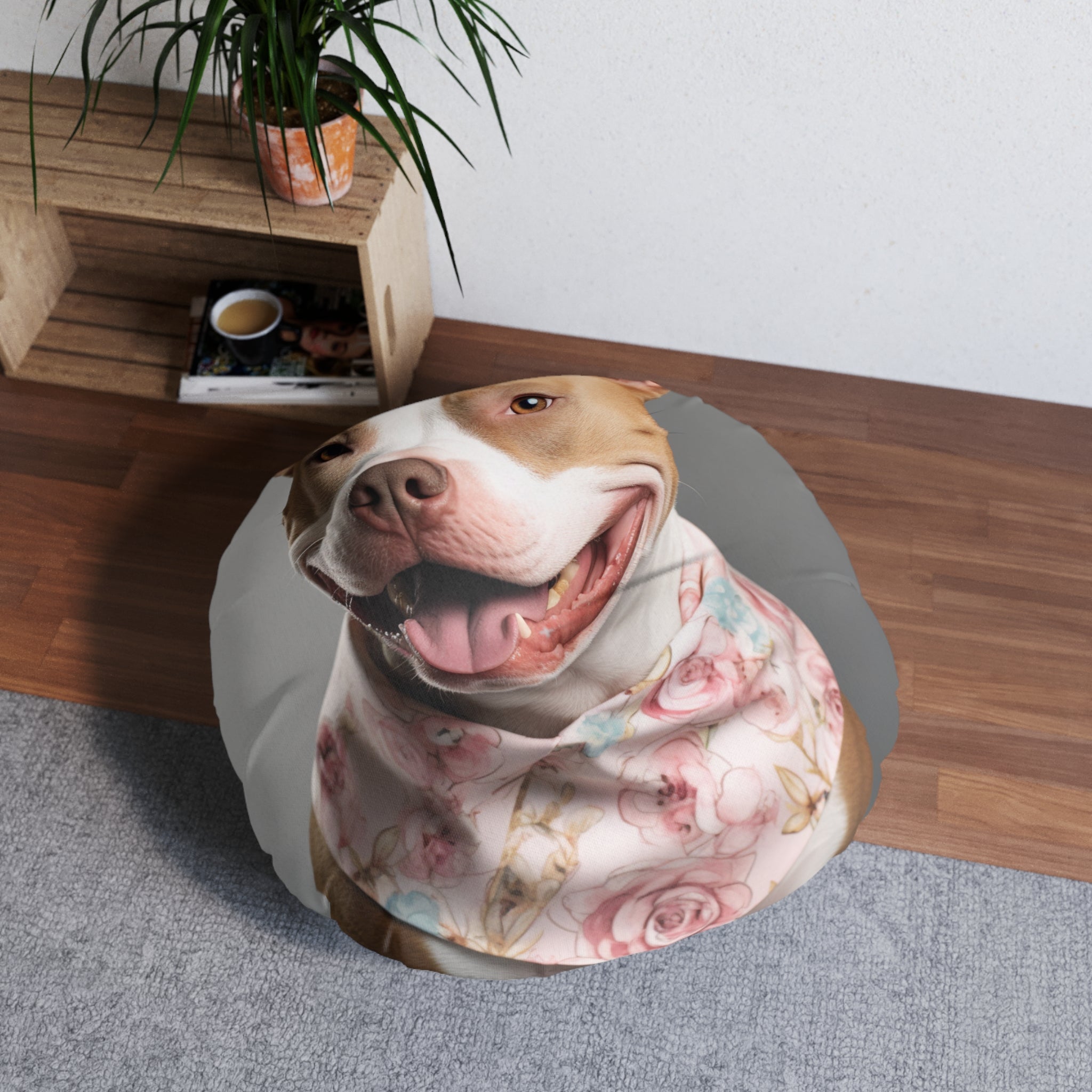 Cute Pitbull Pillow of Pitbull Wearing a Floral Pink Scarf.  Cute.