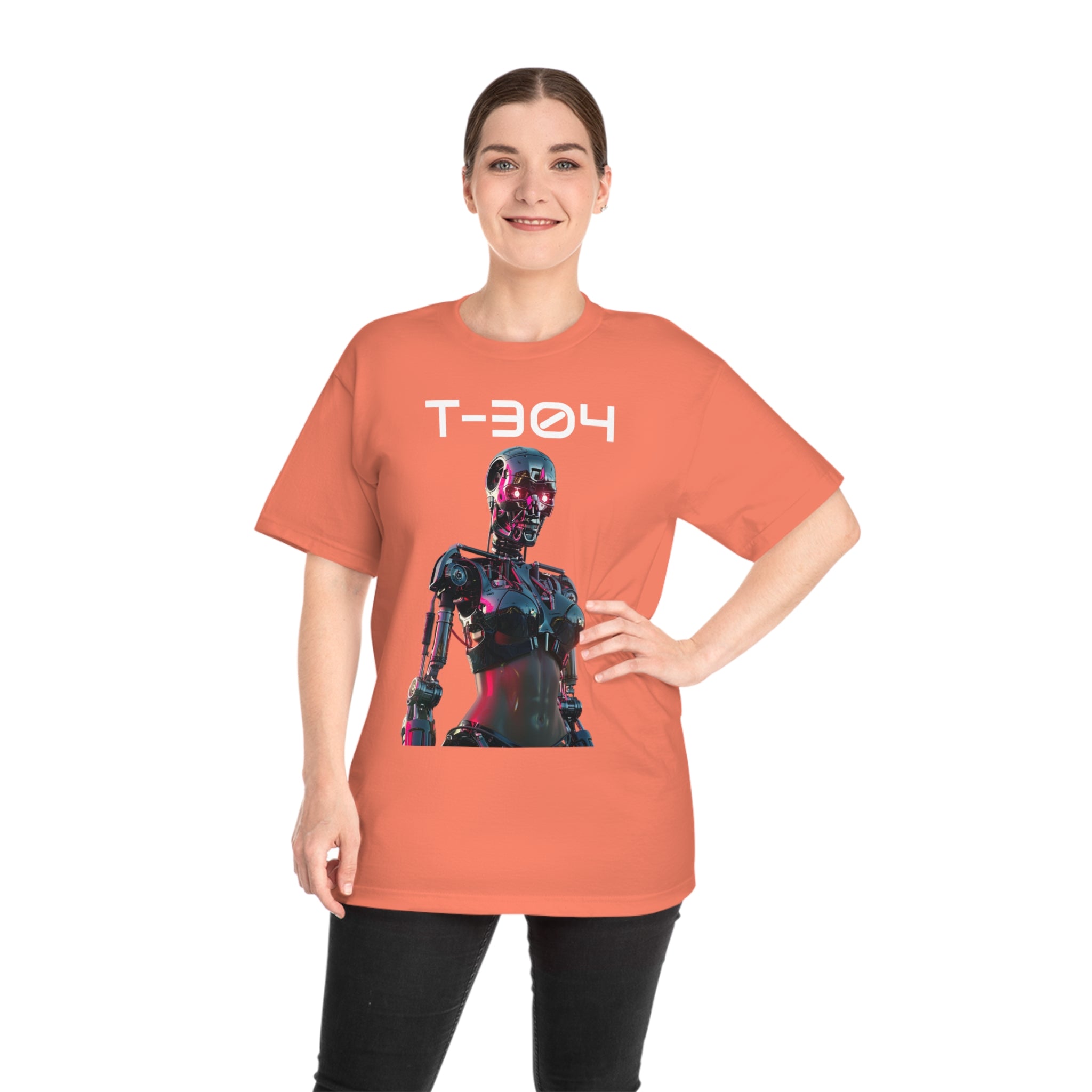 The image presents a sleek, unisex Hammer™ t-shirt, adorned with the T-304 Glam Gal in a vibrant, retro-futuristic design. The tee showcases a high-quality print that captures the essence of Terminator-inspired glam, set against the backdrop of the tee's premium fabric, signaling a perfect blend of comfort and iconic style.