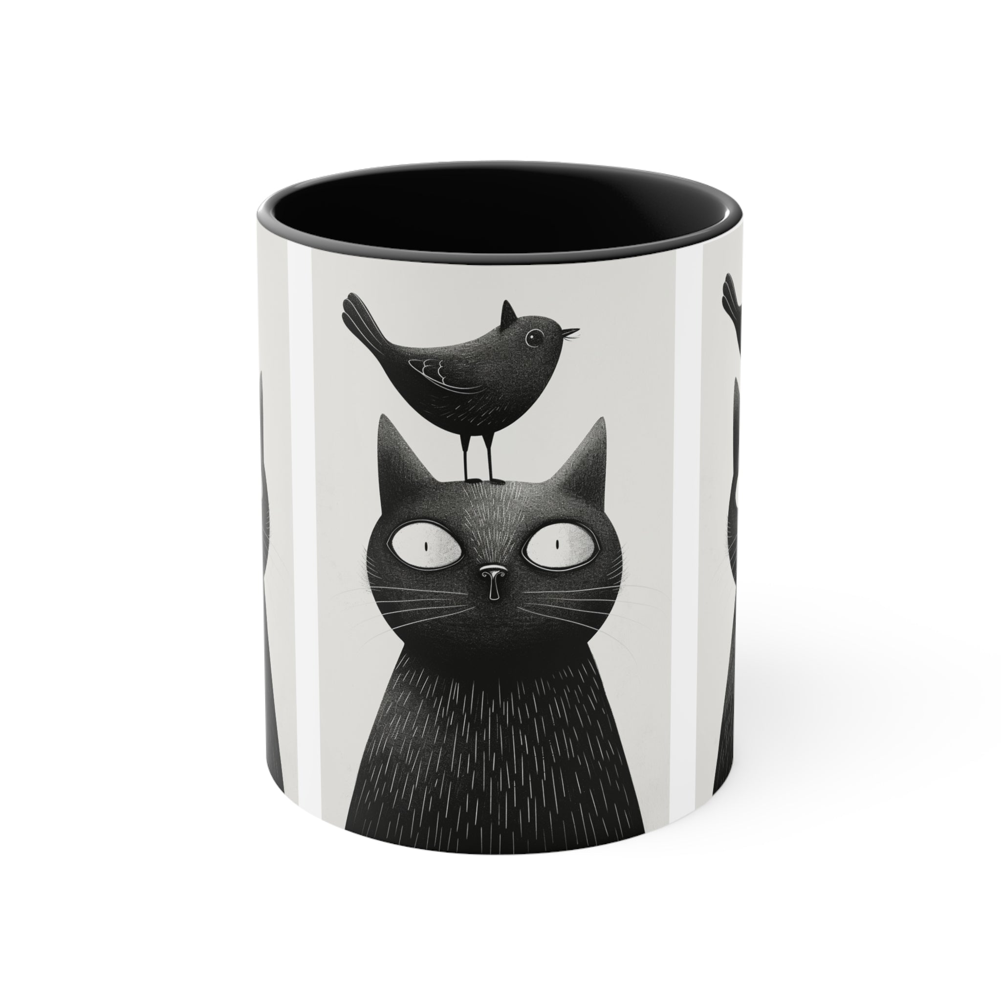 Adorable Eyes-Wide Feline and Bird Pals Accent Coffee Mug - 11oz Ceramic Cup for Animal Lovers