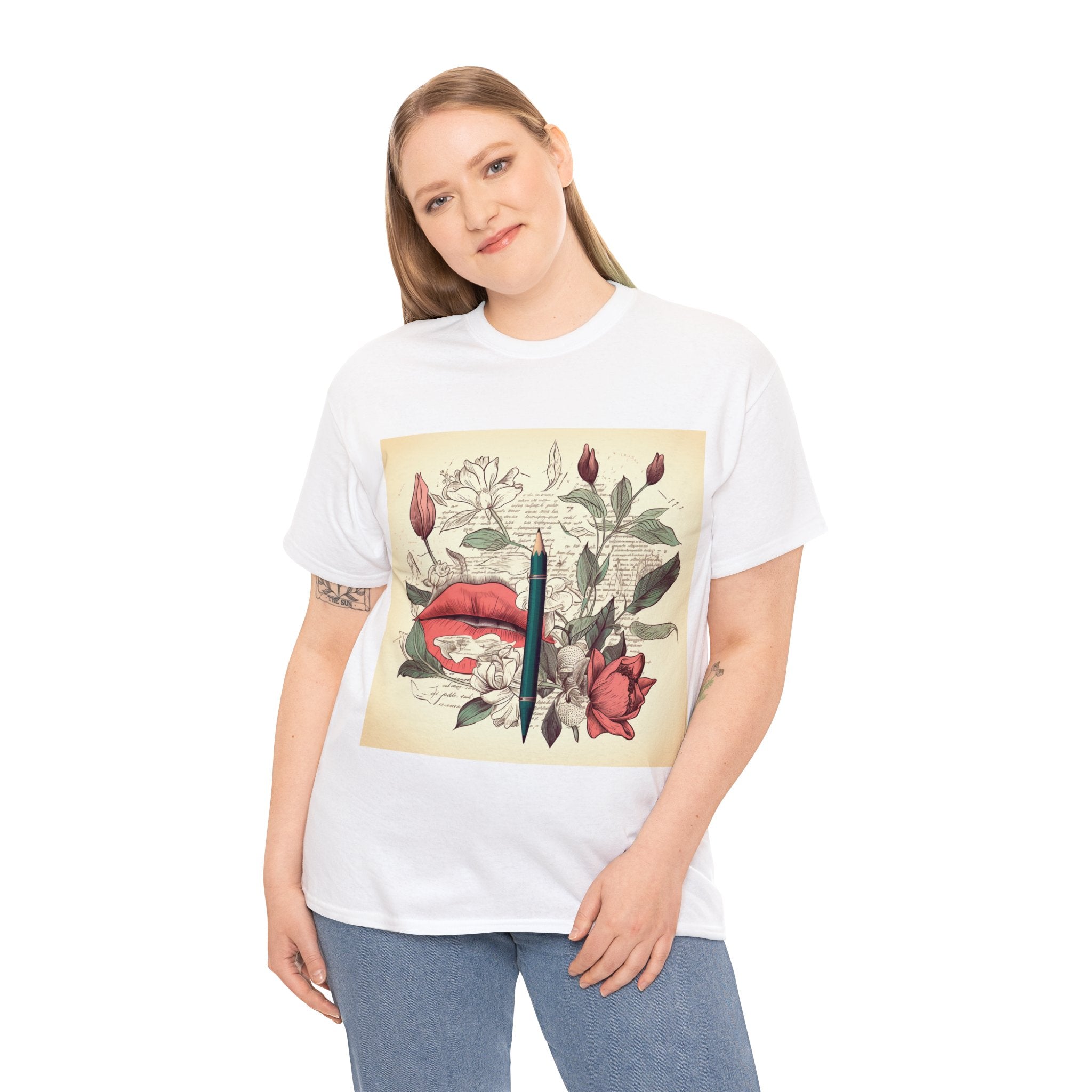 Unisex Heavy Cotton Tee--Writers Floral Garden Gift for Art Lovers and Perfect for Authors Wear