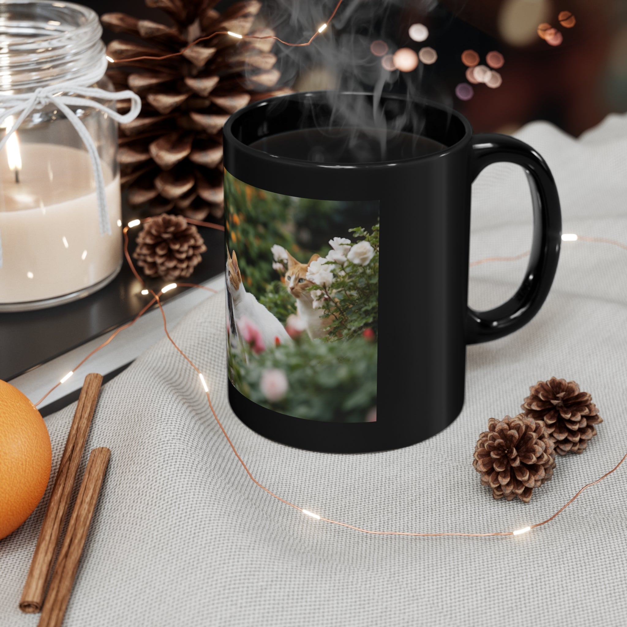 11oz Black Mug Photorealistic Beautiful Garden with Cats Pet Paradise - Black Coffee Cup - Garden Delight with Cats - Animal Lover's gift