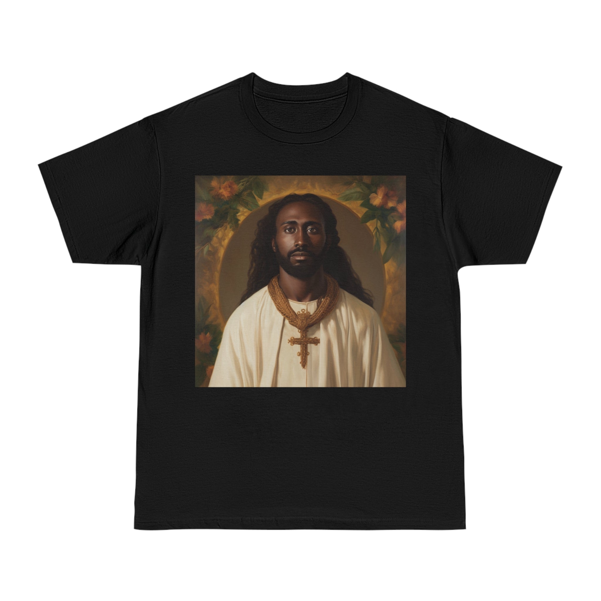 This image displays a high-quality unisex Hammer™ T-shirt featuring an inspiring design based on a Mormon painting of Jesus of African descent. The t-shirt is presented in a neutral color that highlights the detailed and vibrant artwork, designed to resonate with a wide audience and celebrate diversity in spirituality.