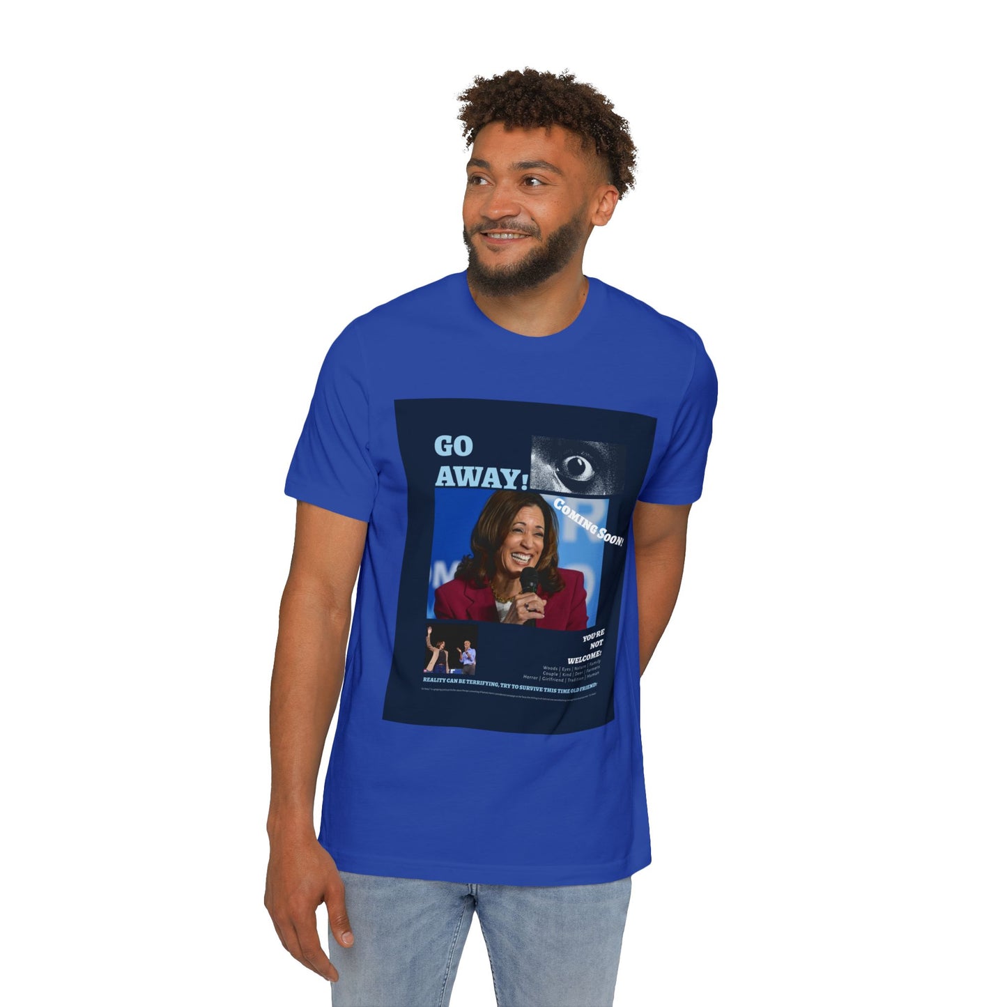 Go Away! Horror Film-Inspired Dem 2024 Campaign Parody USA-Made Unisex Jersey T-Shirt - A Bold Political Statement