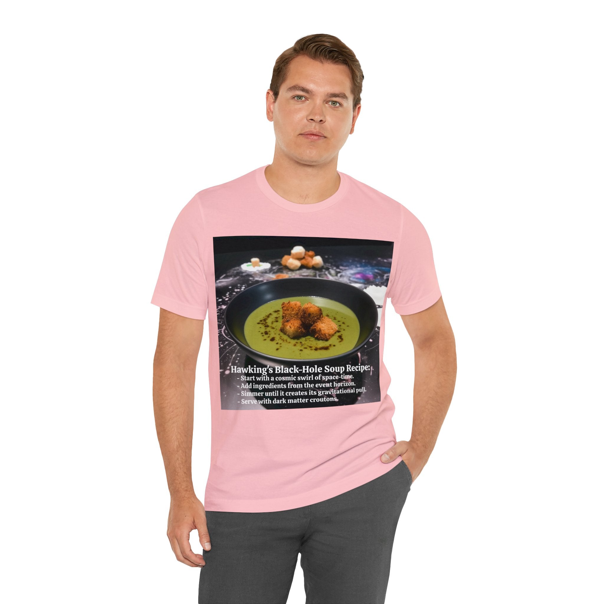 Show Your Charisma and Intellect with Hawking's Black-Hole Soup: A Cosmic Culinary Adventure Unisex Jersey Short Sleeve Tee