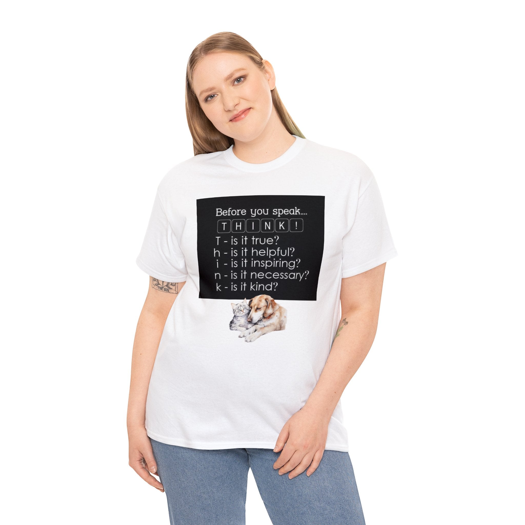 T.H.I.N.K Acronym Kindness Dog and Cat Comfy Friends Unisex Heavy Cotton Tee - Spread Positivity & Friendship