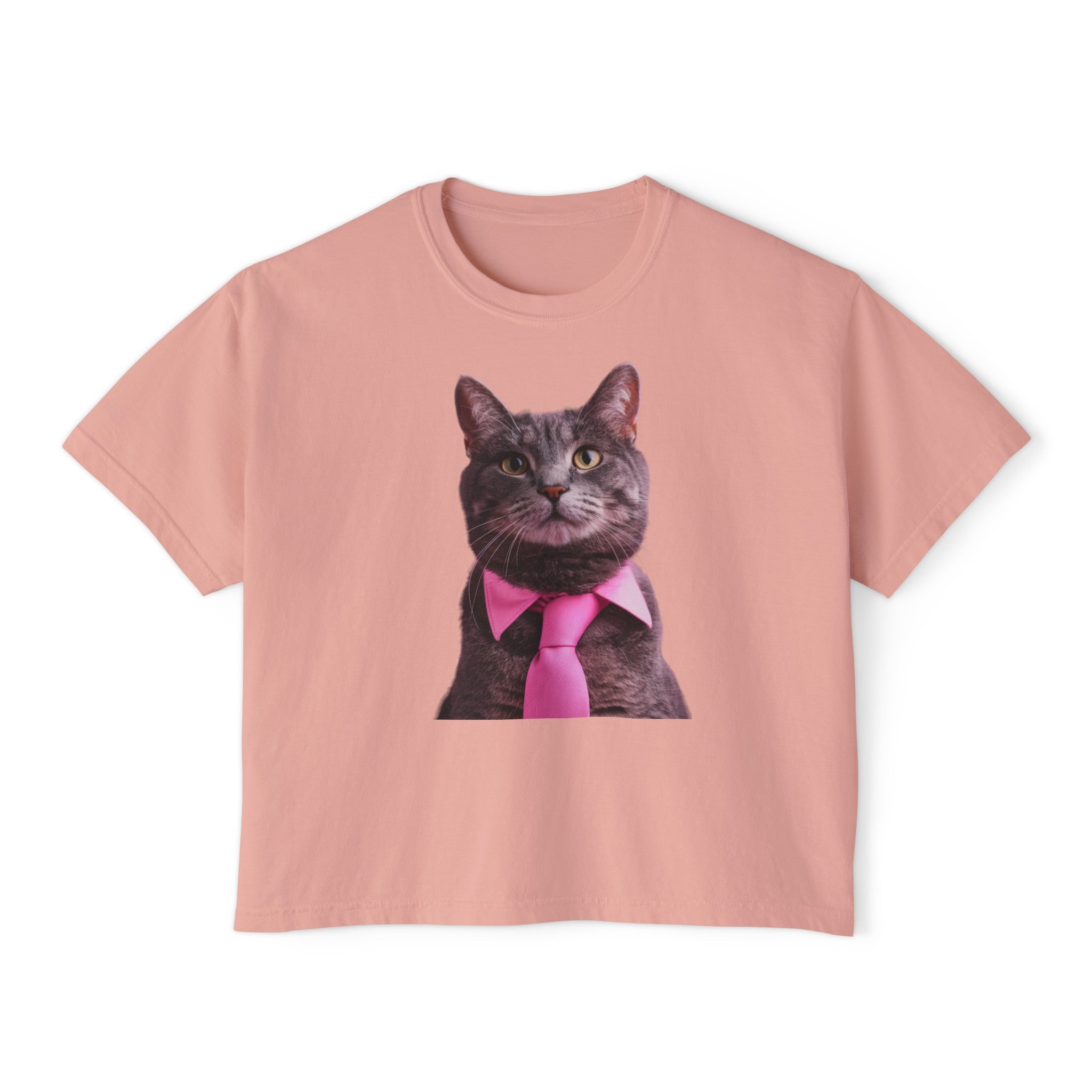 The image features a trendy women's boxy tee in a light, appealing color. It showcases a detailed, artistic illustration of a tabby cat wearing a pink tie, perfectly positioned to catch the eye and evoke smiles. The fabric's quality and the tee's stylish cut are evident, promising a fashionable and comfortable addition to any wardrobe.