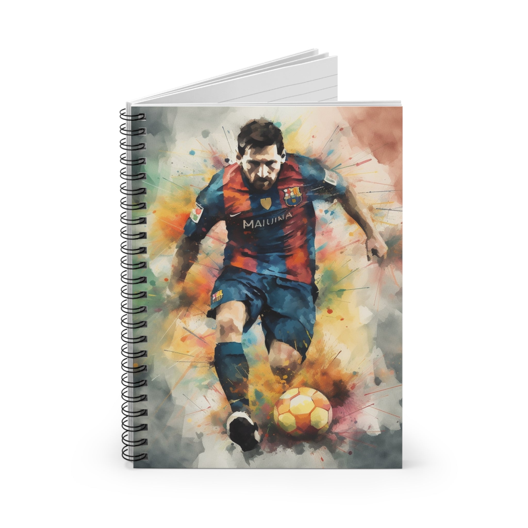 🌟 Capture Your Goals with Messi's Inspiration: Introducing the "Messi Watercolor Footballer Goal Warrior Spiral Notebook - Ruled Line," a creatively designed tribute to one of soccer's greatest legends, Lionel Messi. This notebook is perfect for fans, aspiring athletes, or anyone inspired by the skill and dedication of this renowned footballer.