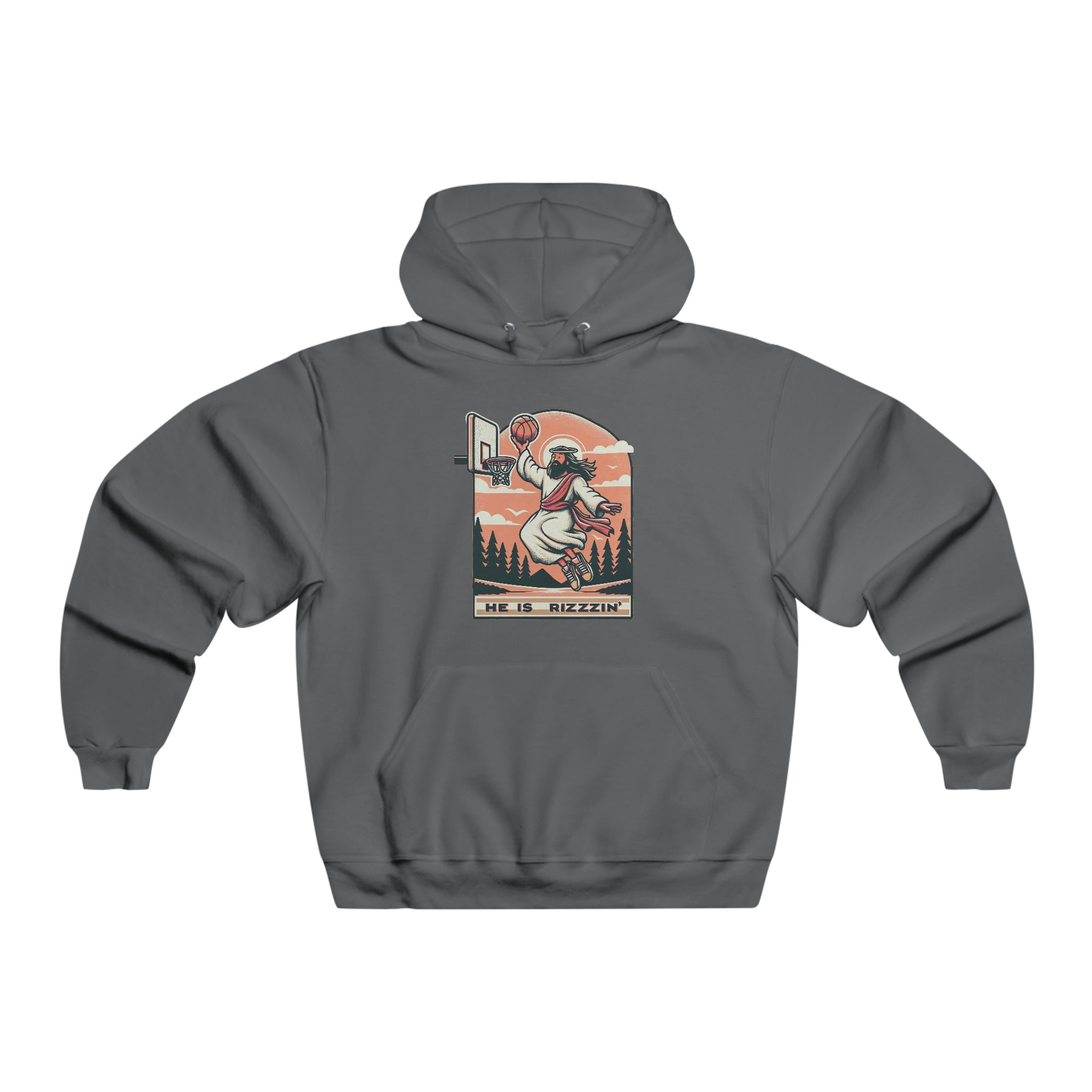Divine Dribble: 'He is Rizzin J.C. Biblical Basketball' Wit & Wisdom Men's NUBLEND® Hooded Sweatshirt - The Ultimate Crossover of Faith and Basketball Passion