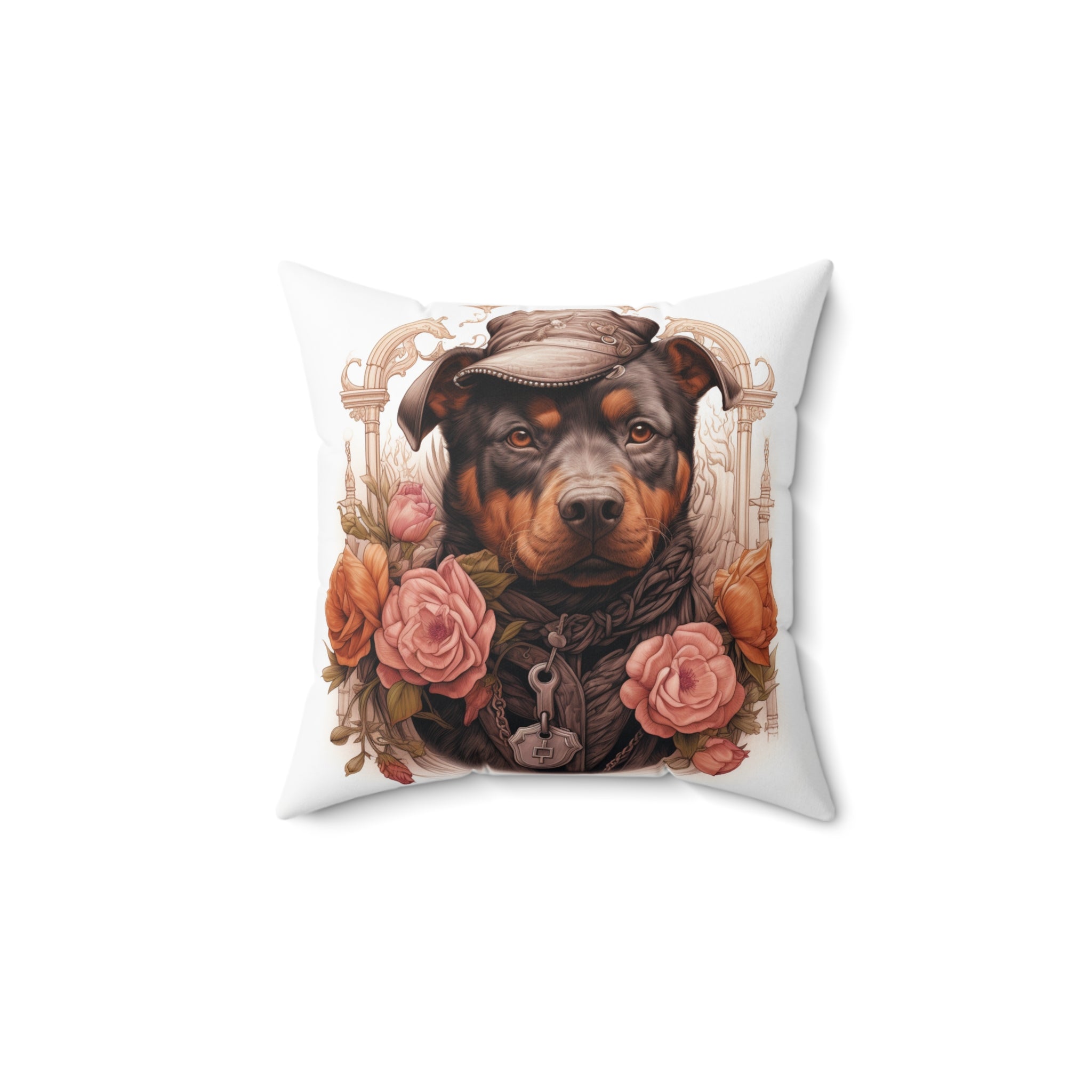 Spun Polyester Square Pillow: Floral Pittbulls & Rottweilers Design | Professional Artwork | Elegant Home Decor